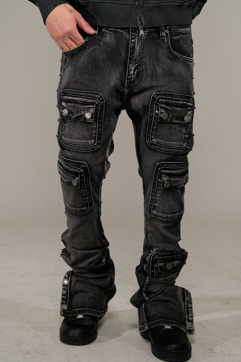 Vicious Stacked Studded Warrior Cargo Denim Black VC671