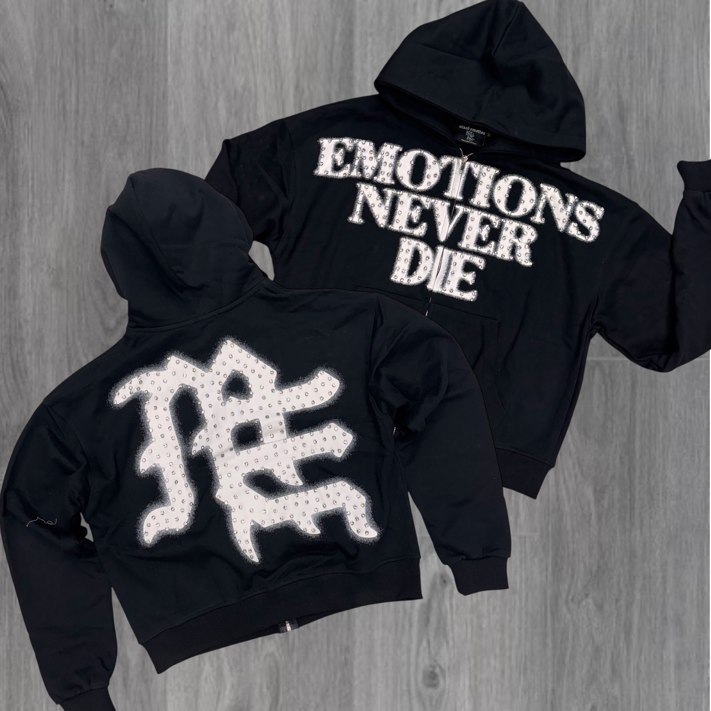 Mixed Emotions - “End” Rhinestone Zip up  - Black