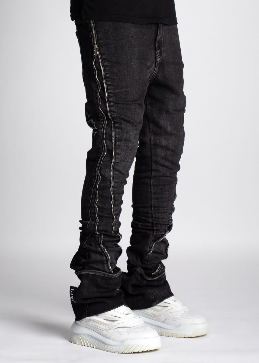 Guapi Stacked Iron Grey zipper Black Denim  191IG