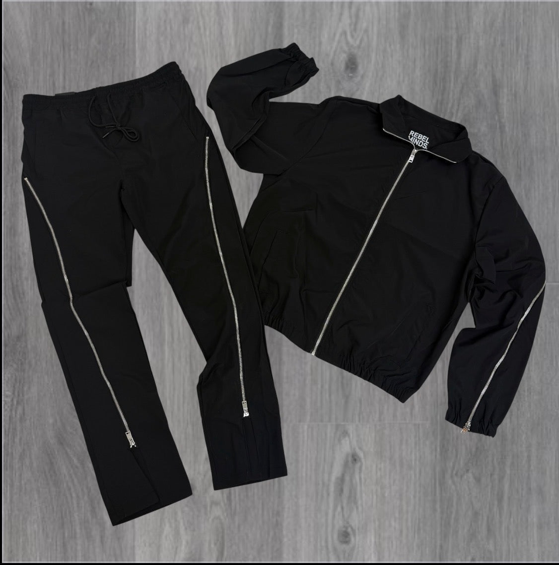 Rebel - SET - Flare Zipper Windbreaker Pants & Jackets - Black - 401501