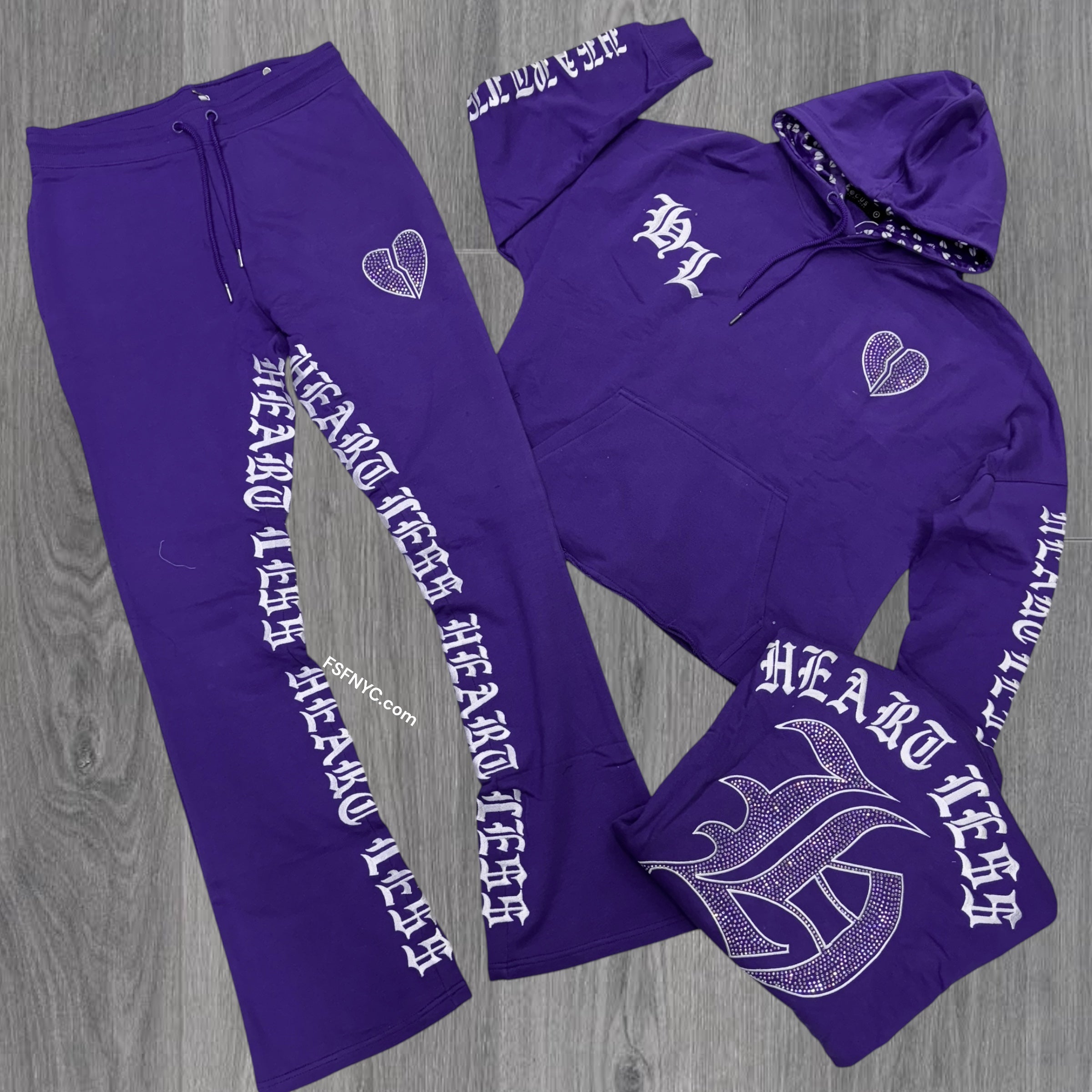 Heartless Stacked Rhinestone Cut Off SweatSuits Purple 80559