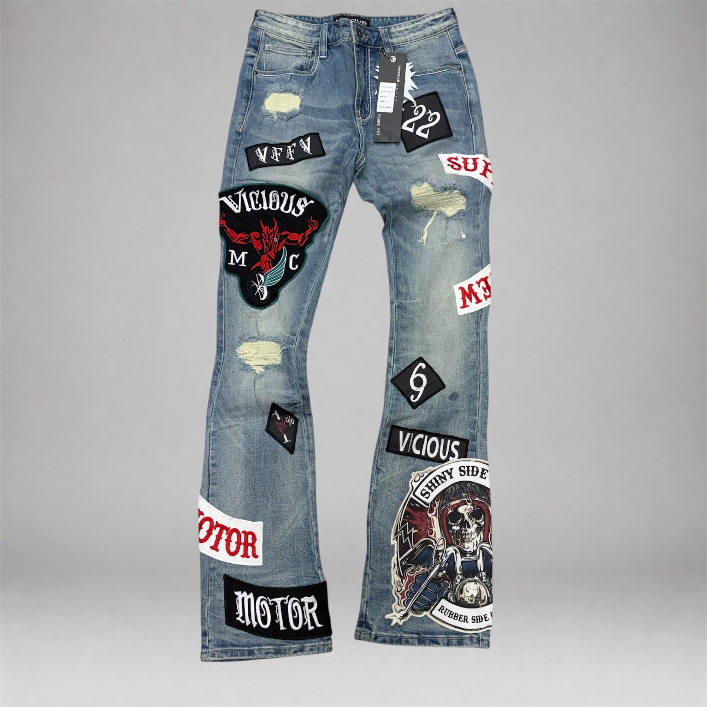 Vicious - Patches Flare Denim  - Lt Blue VC1215