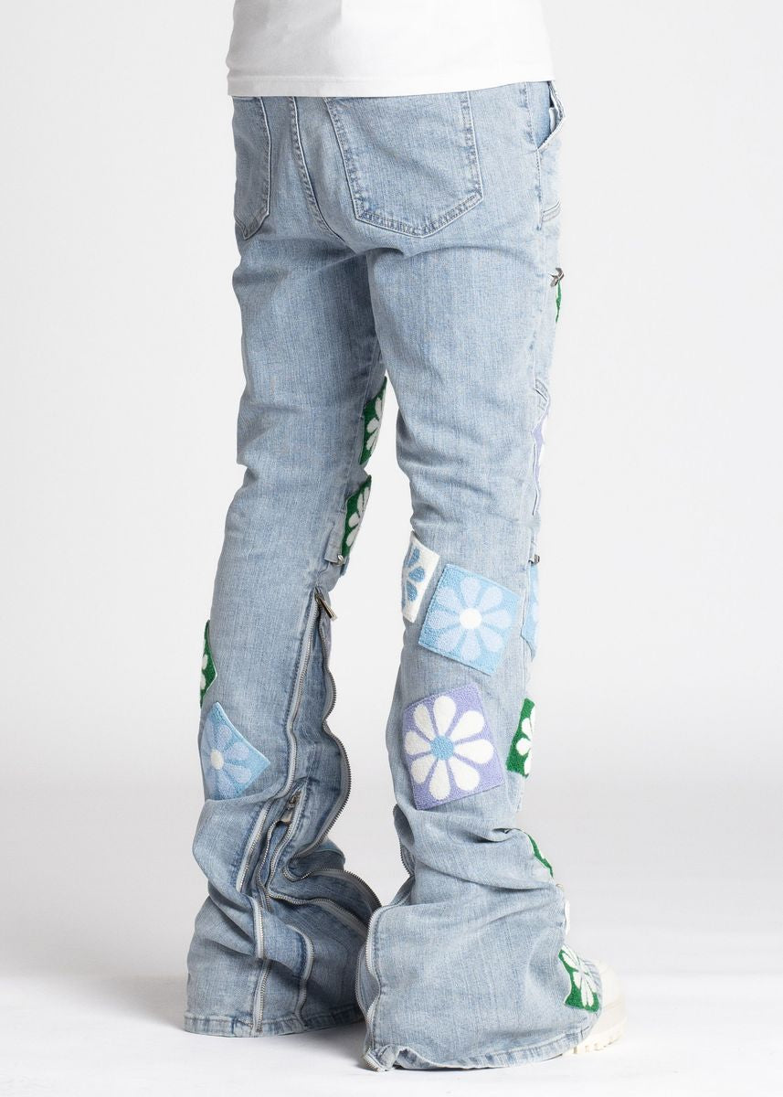 Guapi Stacked Aqua Blue Flowers Denim