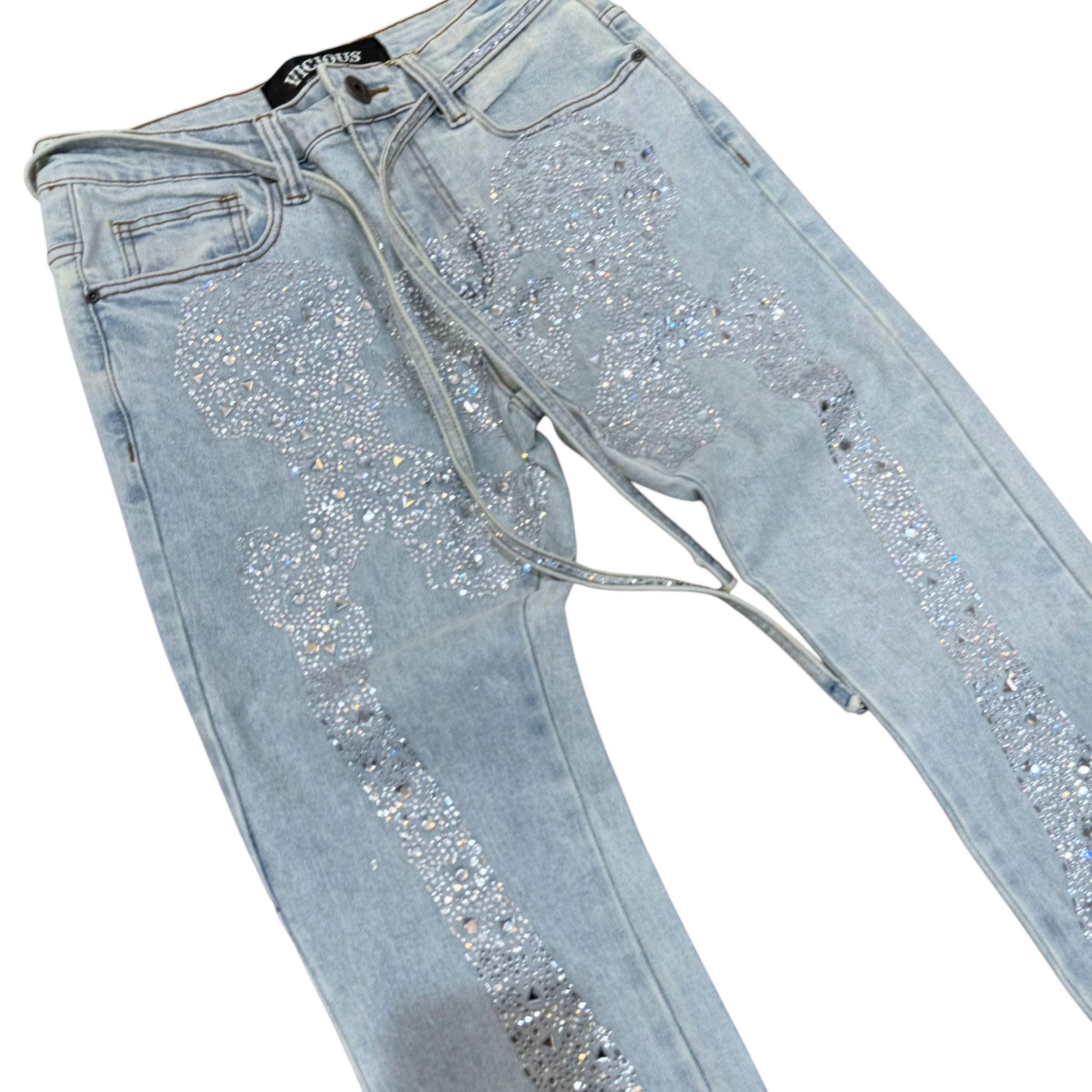 Vicious- STACKED RHINESTONE SKELETON DENIM - Blue - VC807