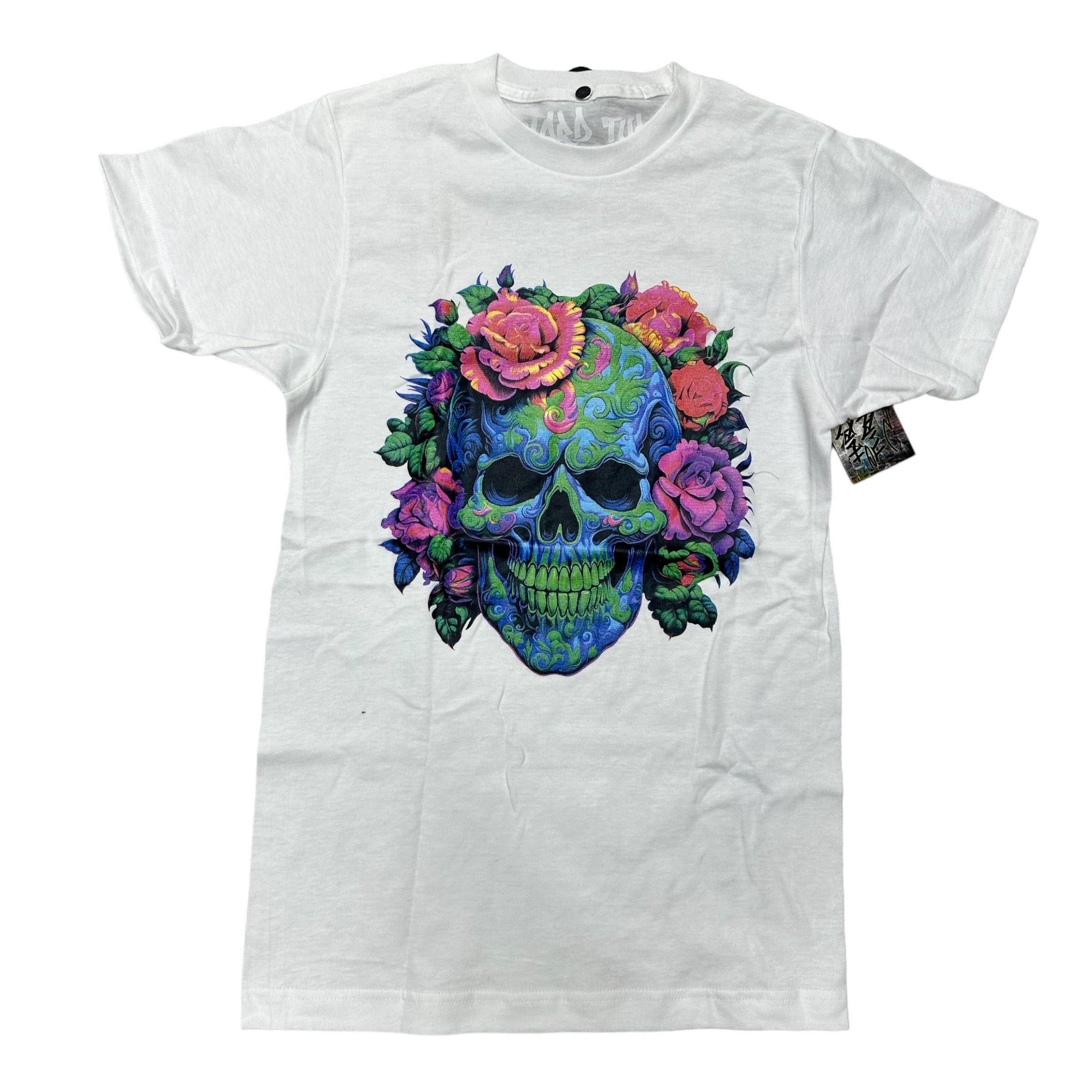 Hard  Skull w flower S/S T-Shirt White