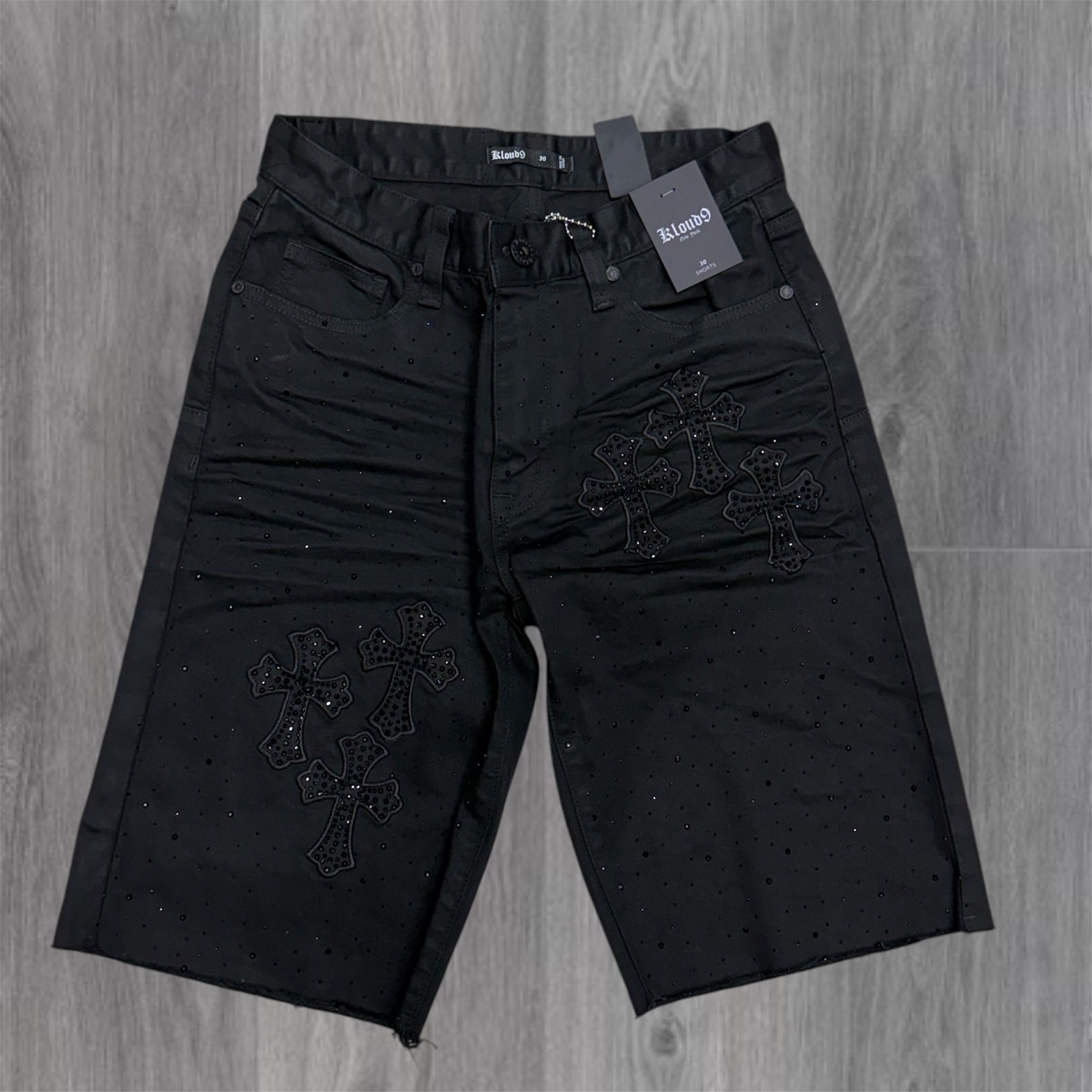 KLOUD - Saints Denim Rhinestone Shorts - Waxed Black 26129