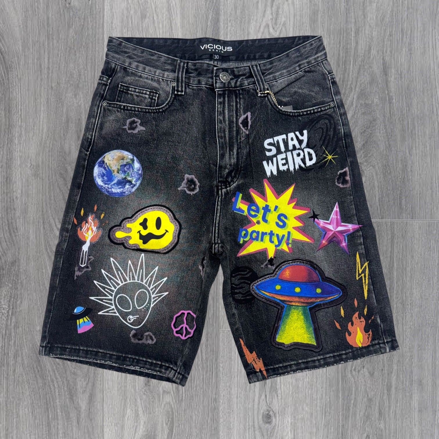 Vicious - Patches Denim shorts- Blk -vc