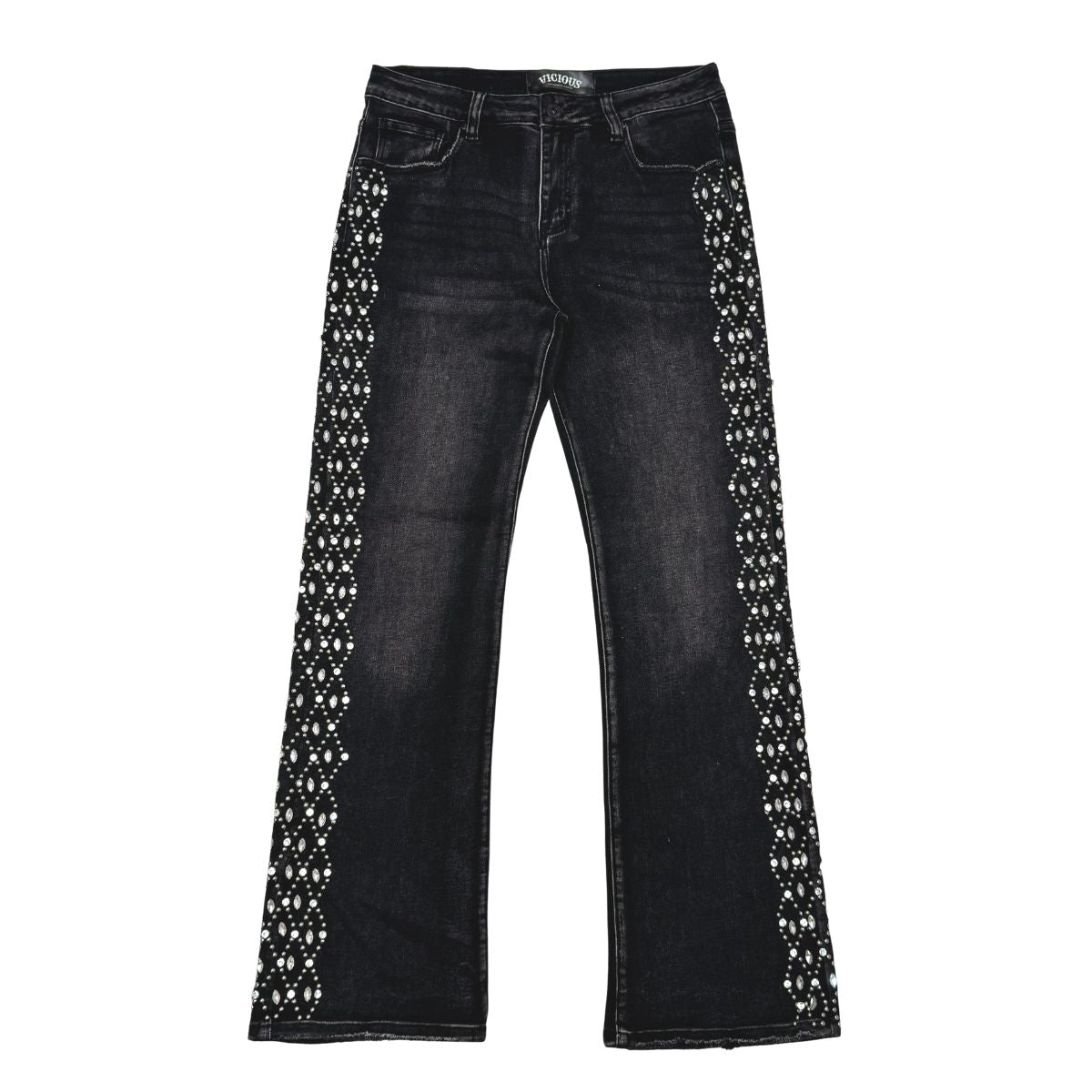 Vicious - Flare Side Rhinestone Denim - Black - VC928