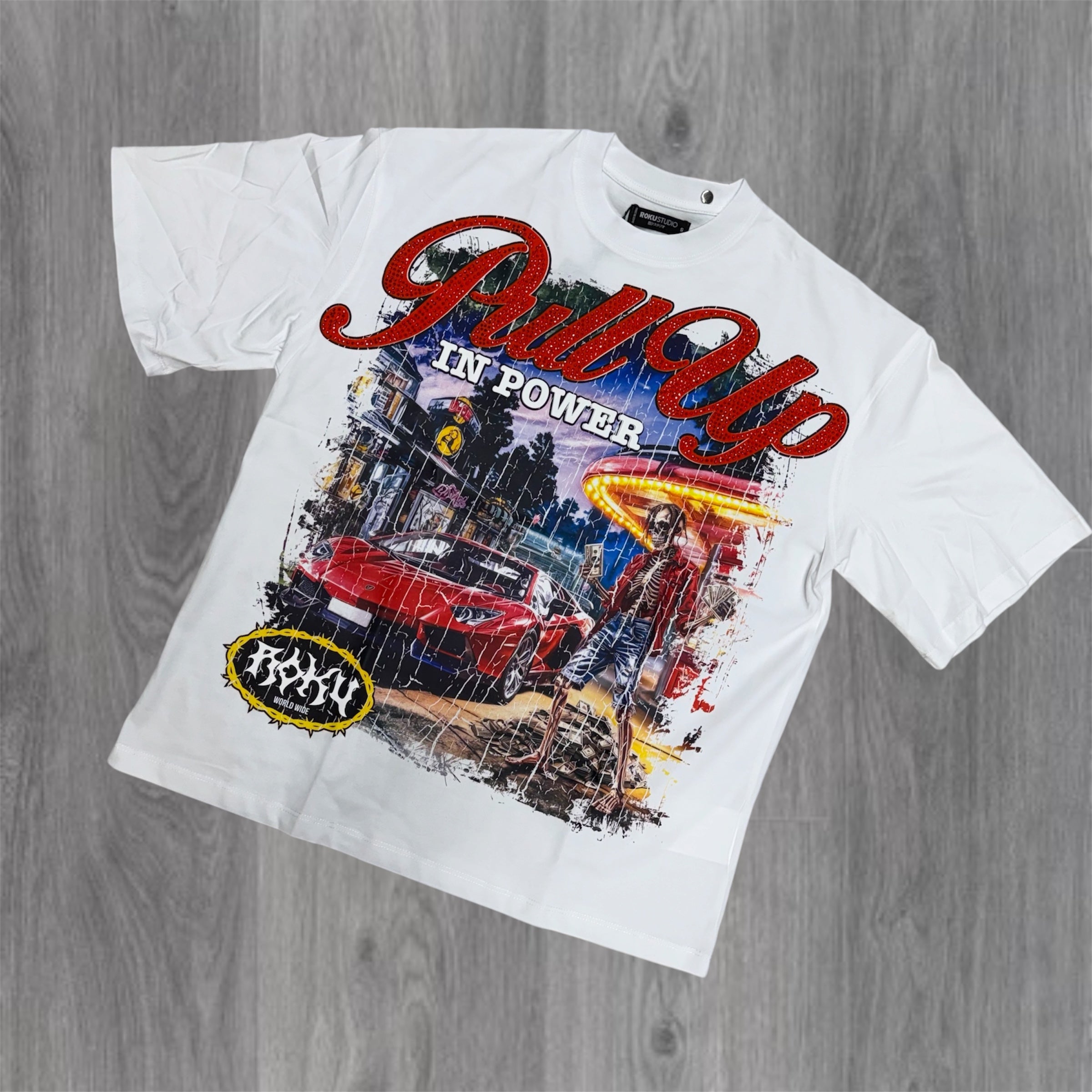 Roku - Pull Up Rhinestone T-shirt - White 1970