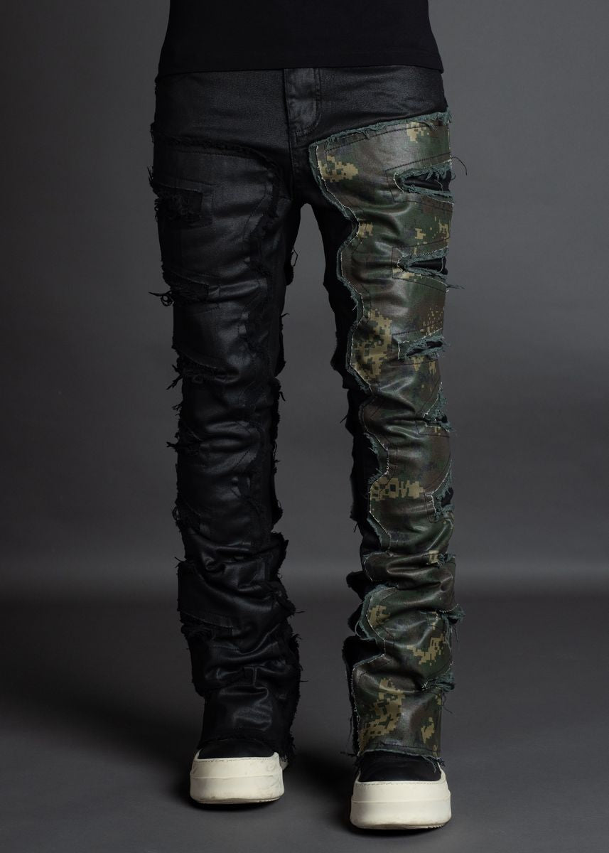 Stacked Waxed Spilt Denim Black Camo