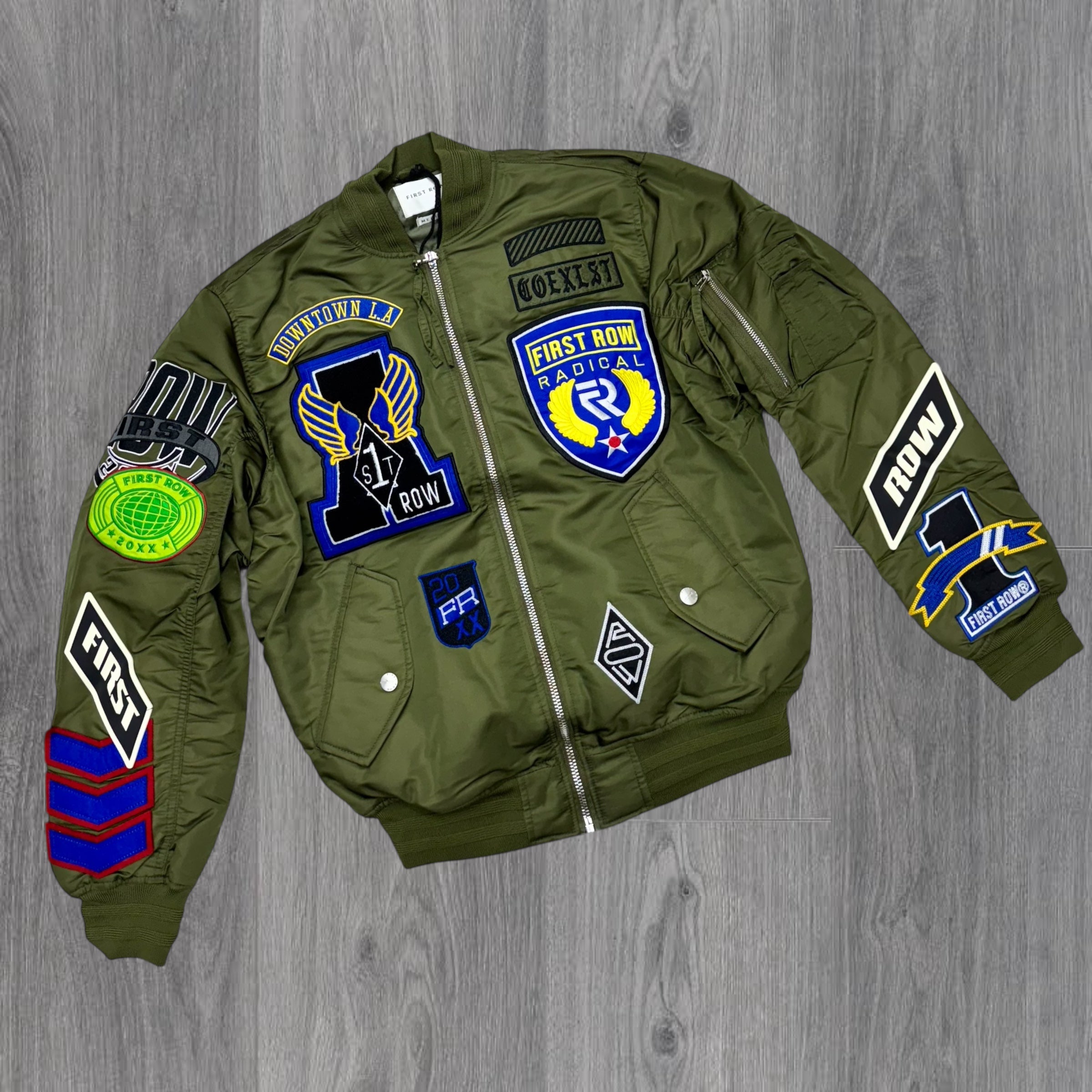 First Row- Downtown LA Patched Bomber Jacket Olive