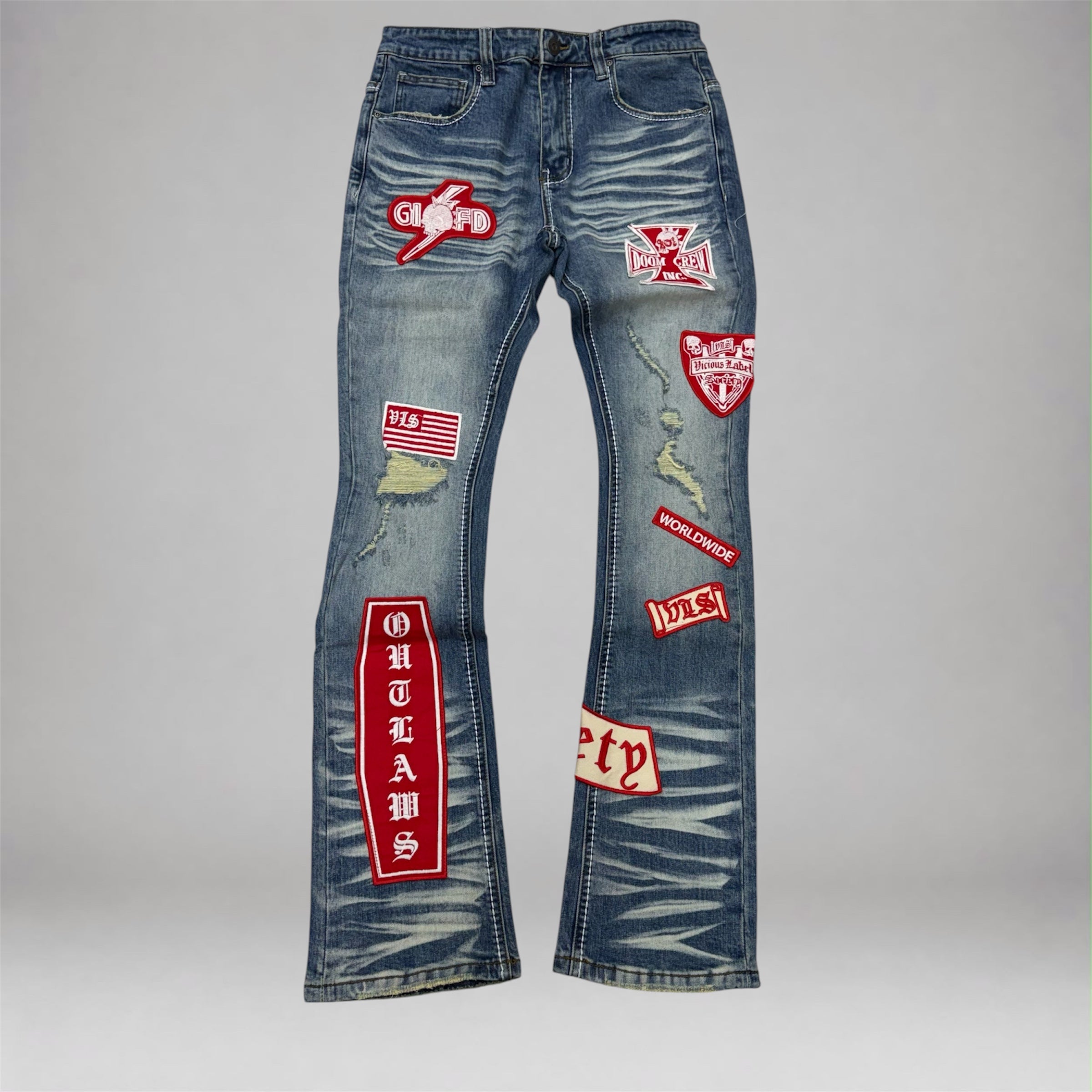 Vicious - Embroidered Patches Flare Denim  - P Blue VC1219