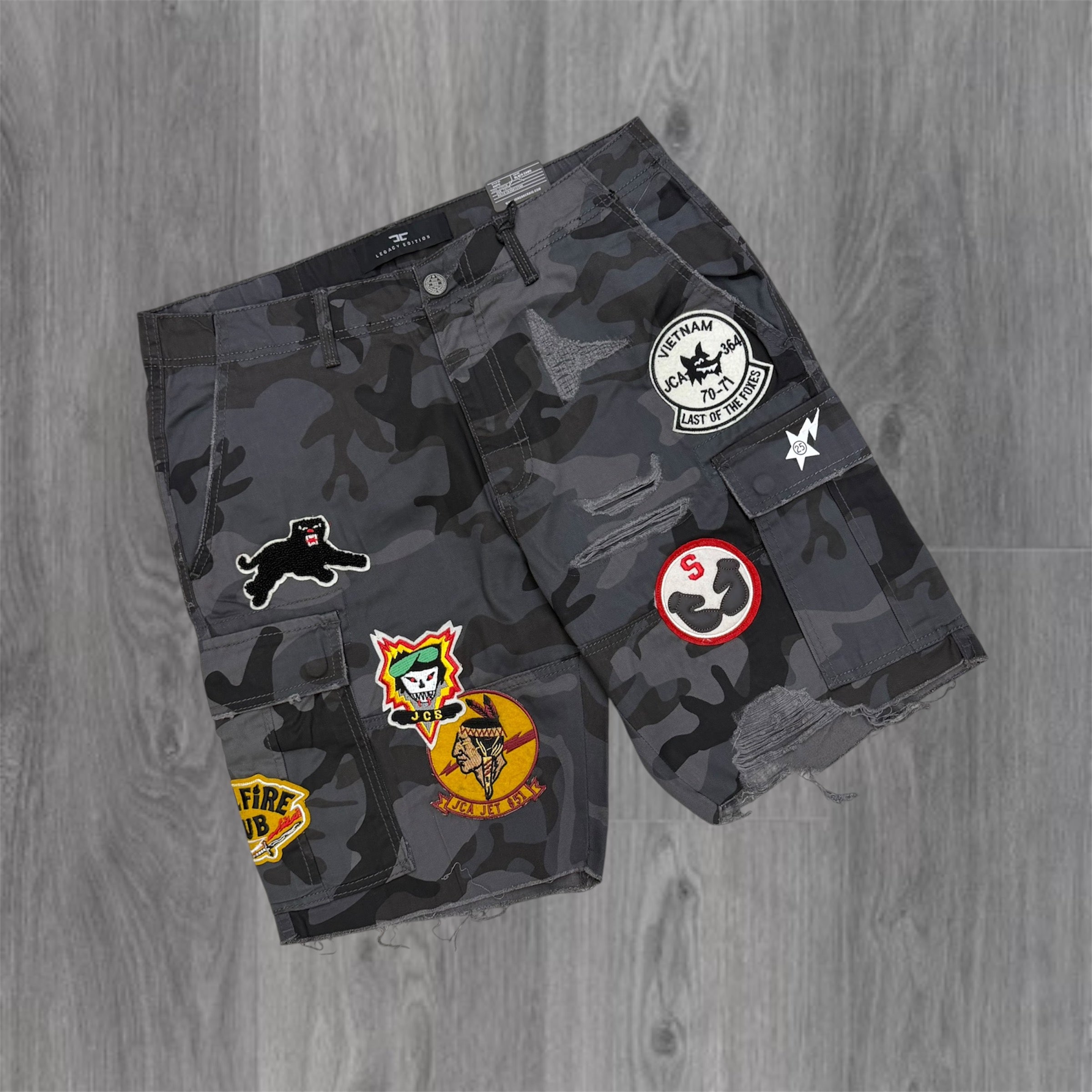 JC - War Patches Denim Shorts - Black Camo 4437