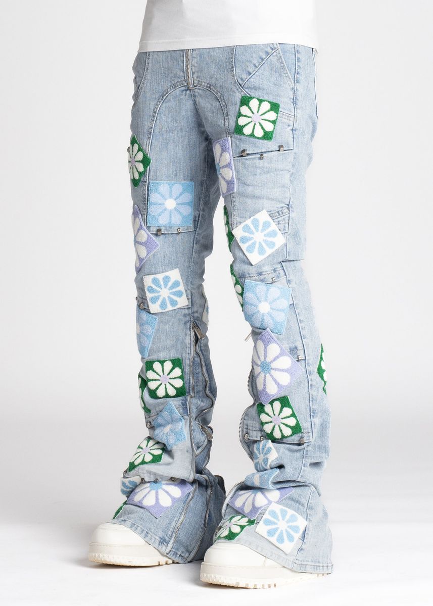 Guapi Stacked Aqua Blue Flowers Denim