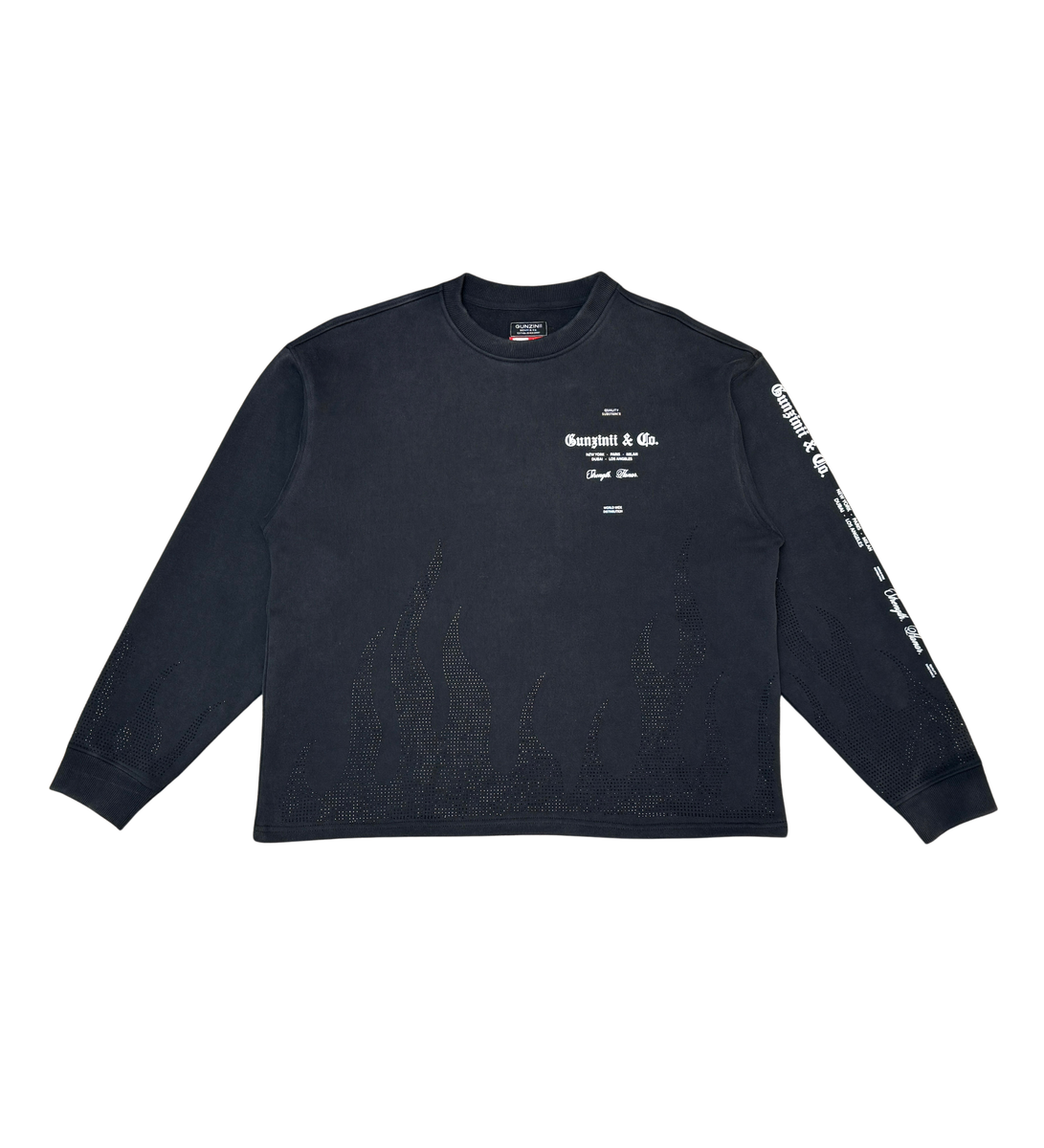 Gunzinii - Rhinestone flames Crew Sweatshirt - BLACK - GZ547