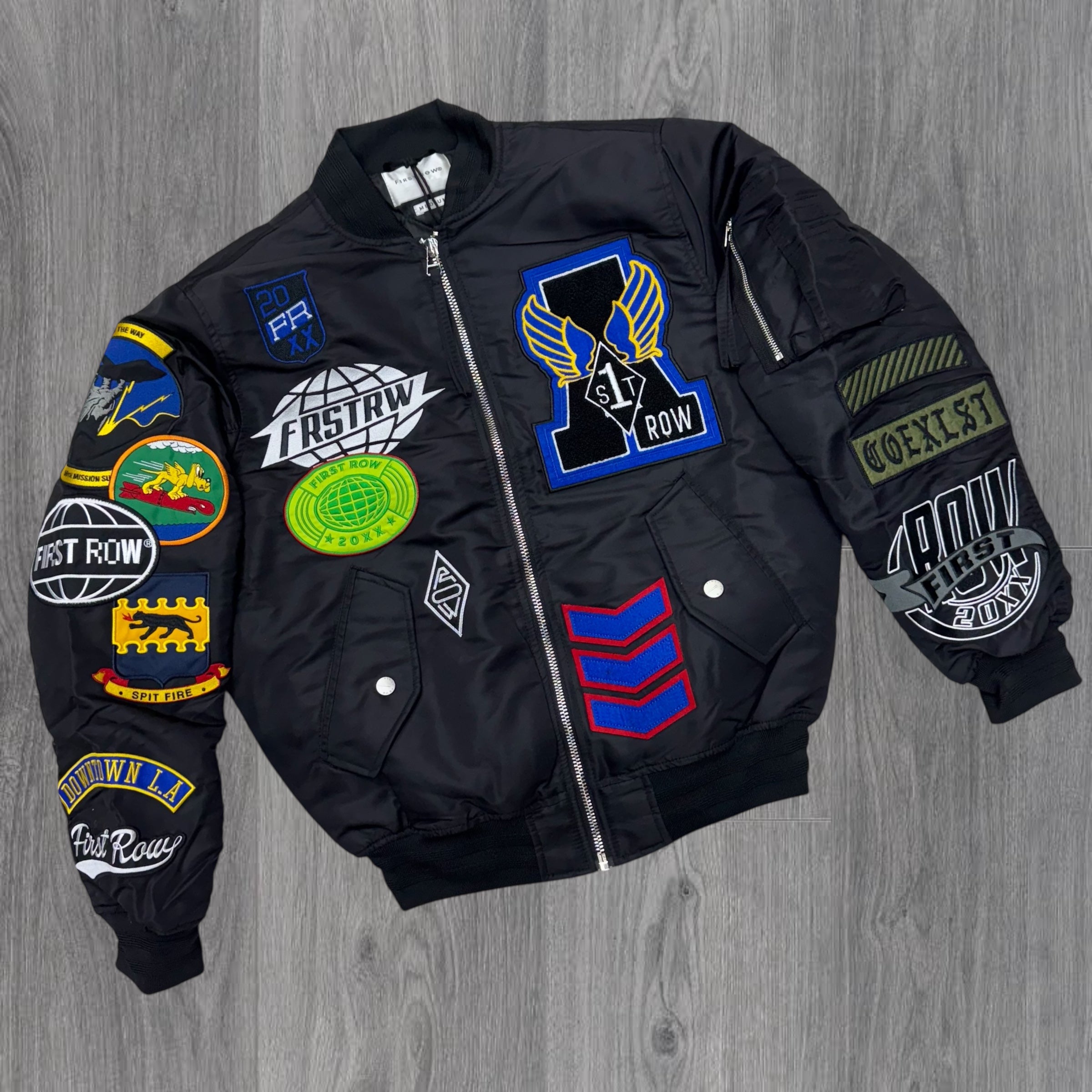 First Row- Coexist Patched Bomber Jacket Black