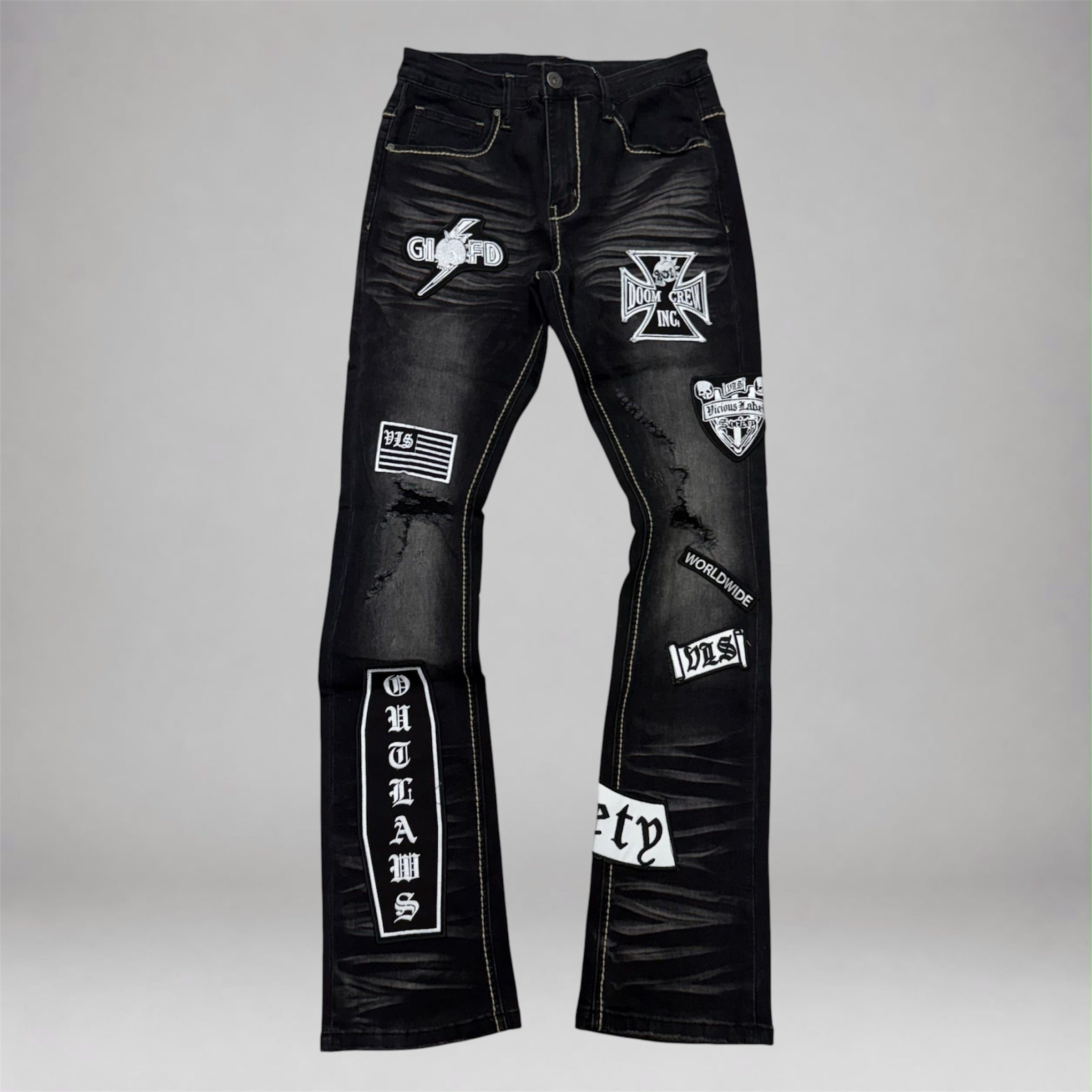Vicious - Embroidered Patches Flare Denim  - VIN Black VC1219