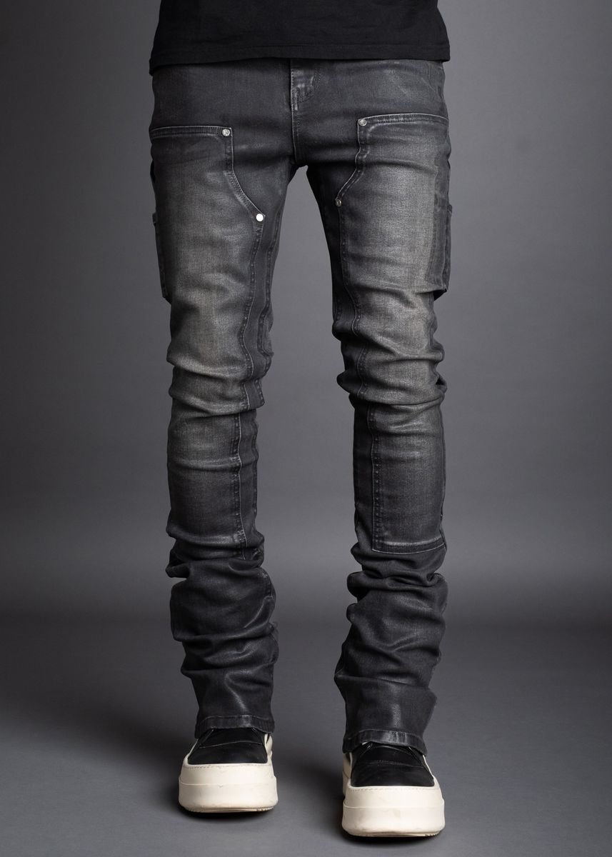 Stacked Waxed Carpenter Style Denim Dk Grey