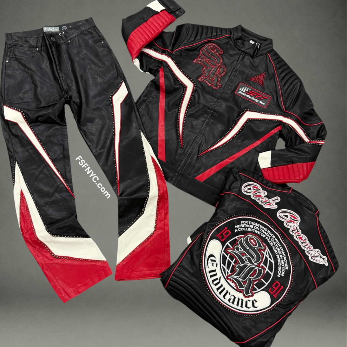 Rise - PU Leather Racing Jacket - Red - F588