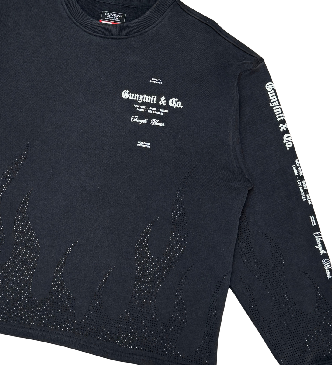 Gunzinii - Rhinestone flames Crew Sweatshirt - BLACK - GZ547