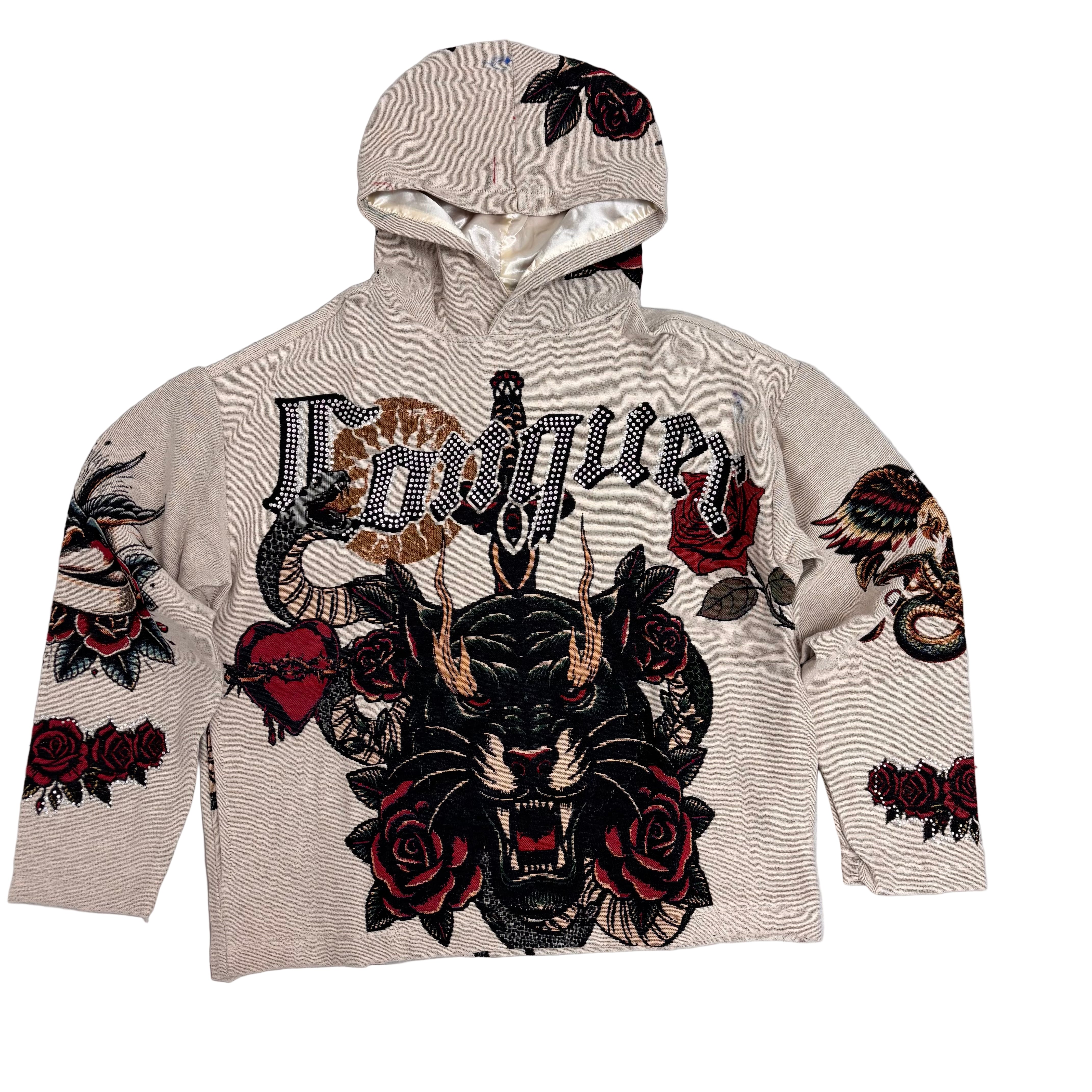 REBEL - CONQUER Jacquard Rhinestone Hoodie - Cream - 354