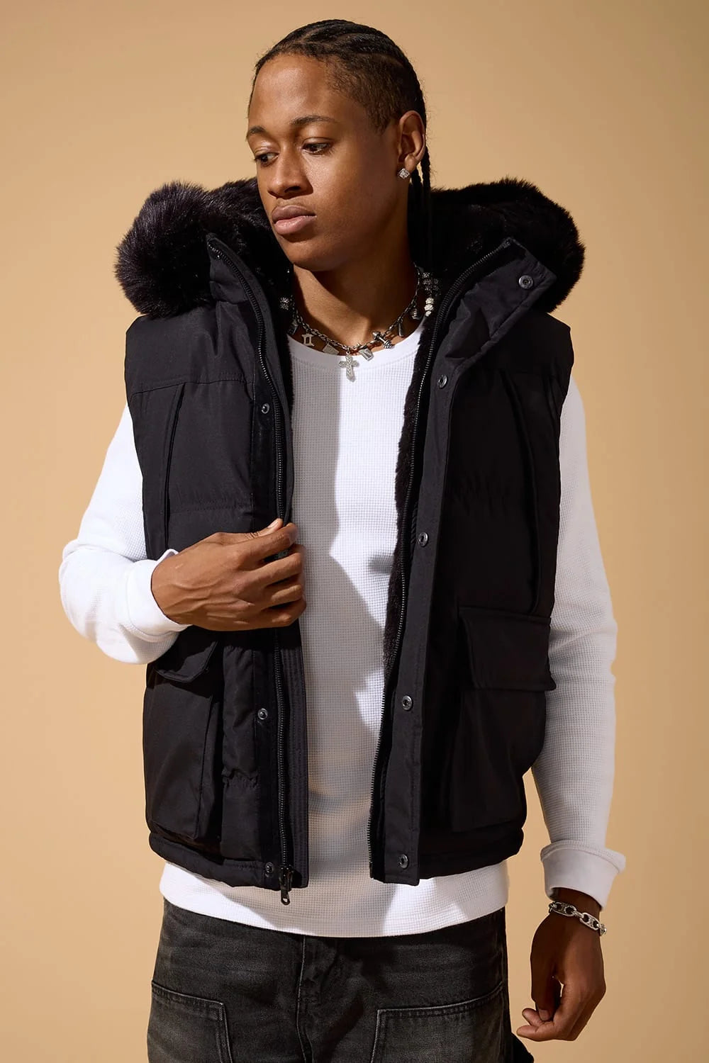 JC - heavy Puffer Fur Vest - Black 9491