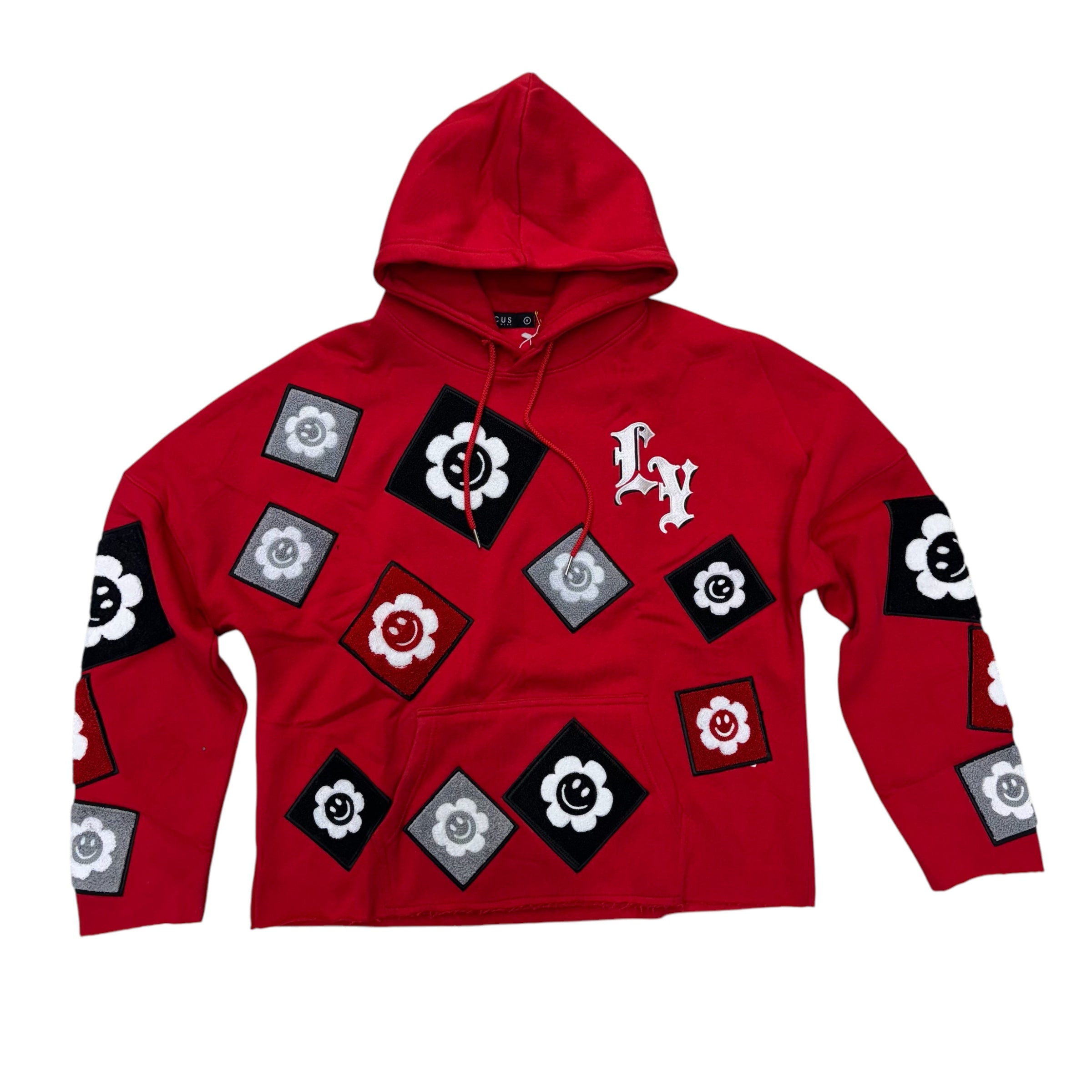 Patch Work Cut Off Hoodie Red 80679