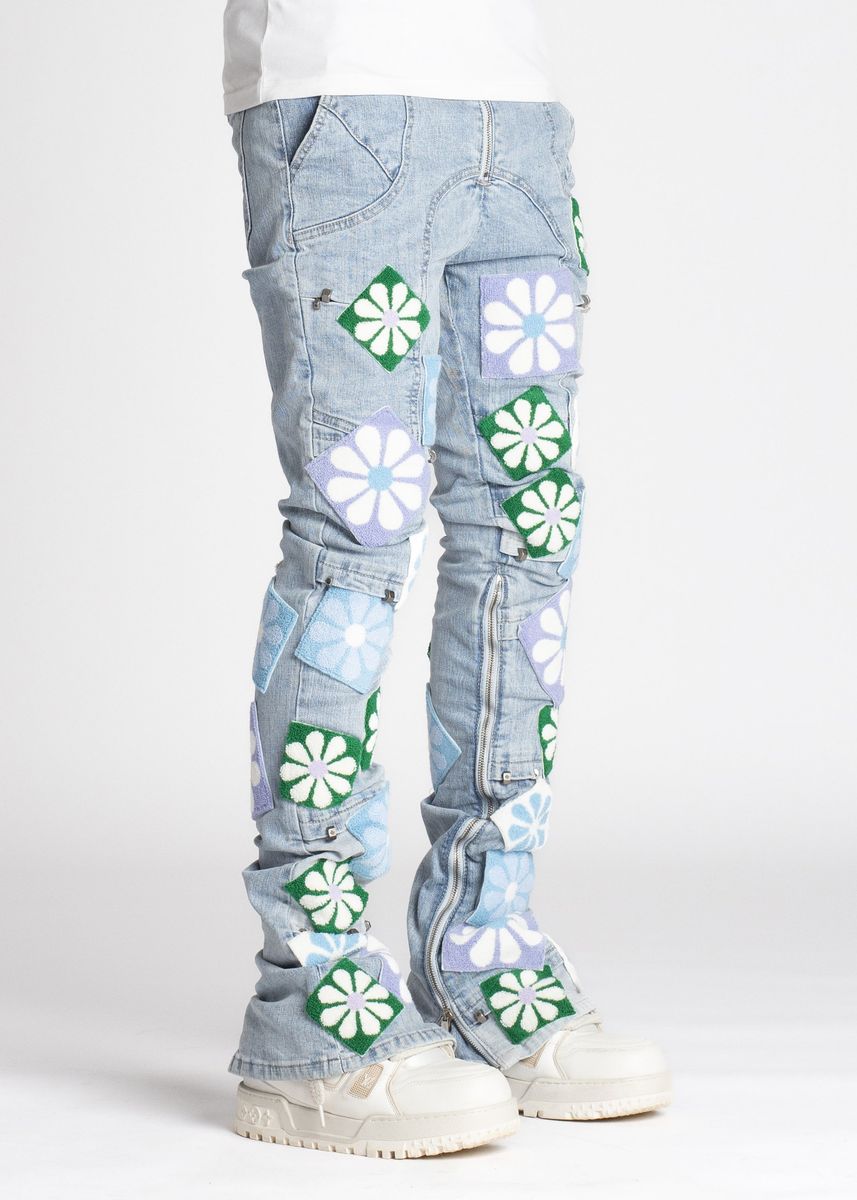 Guapi Stacked Aqua Blue Flowers Denim