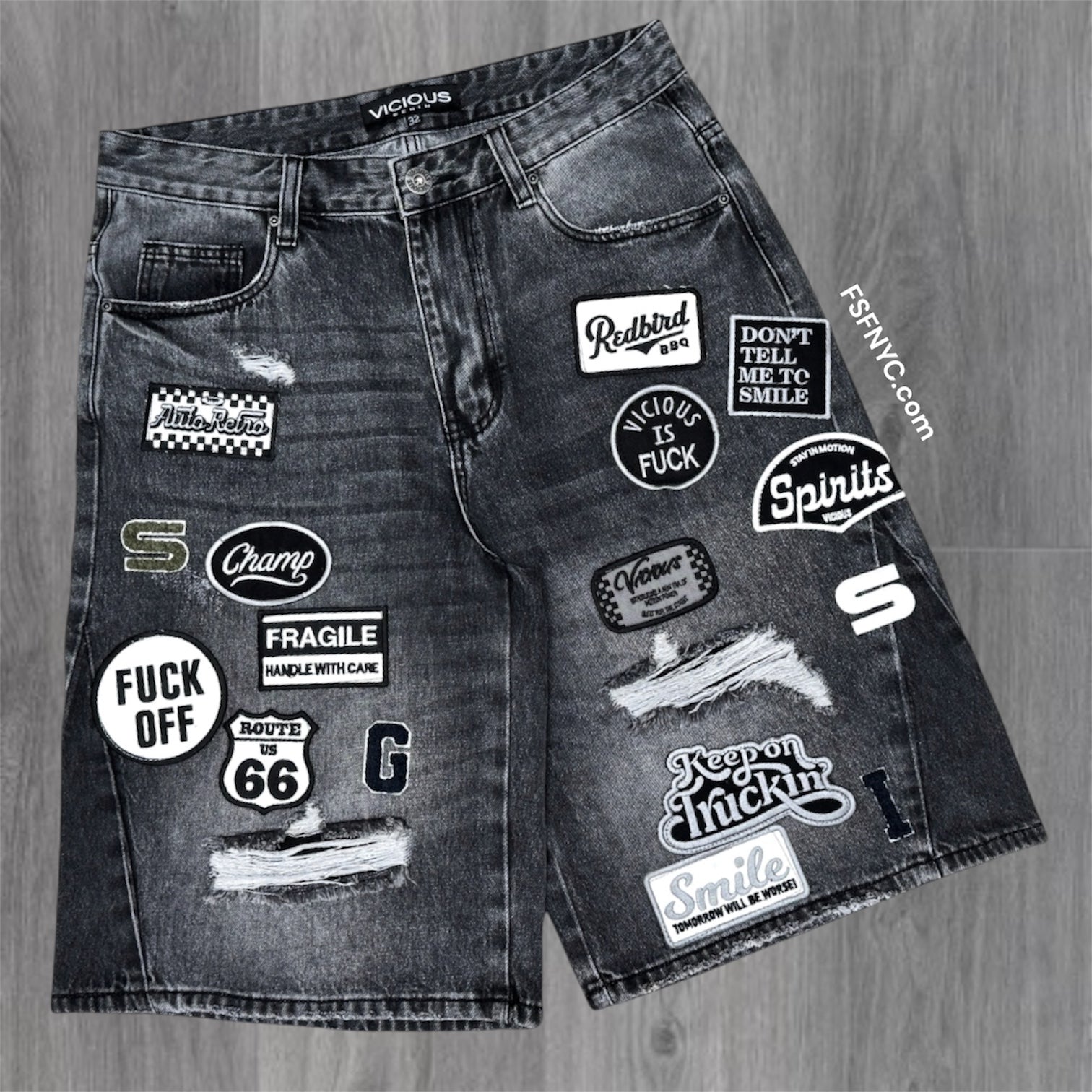 Vicious -  Patch Work Denim shorts- Black - vc