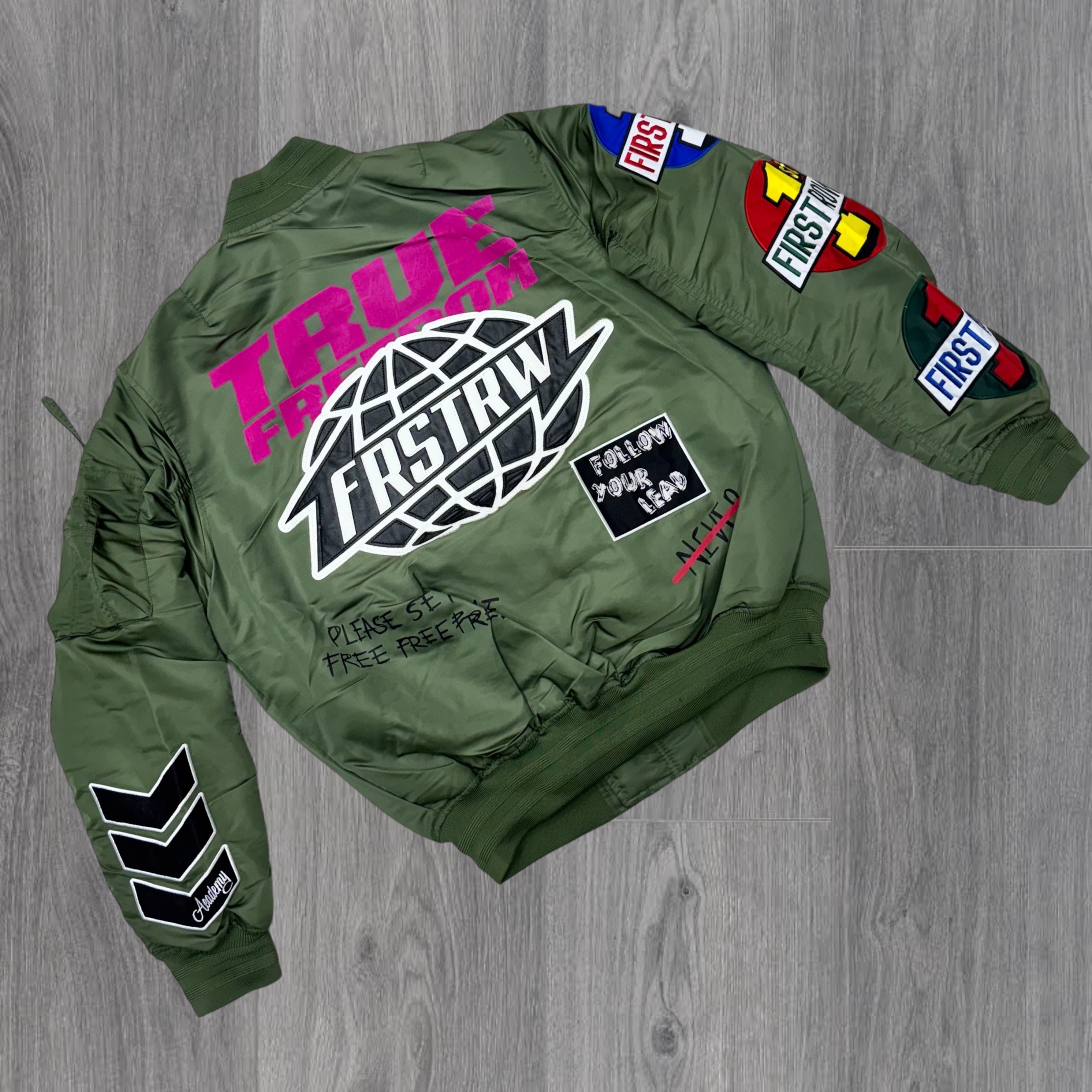 First Row- True Freedom Patched Bomber Jacket Olive