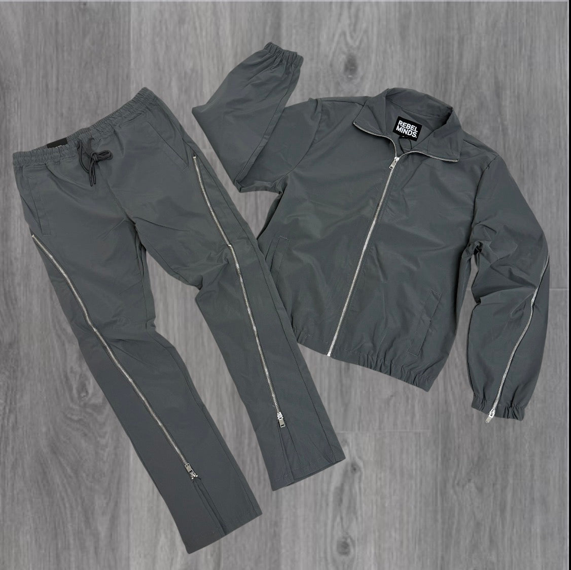 Rebel - SET - Flare Zipper windbreaker Pants & Jackets - Grey - 401501