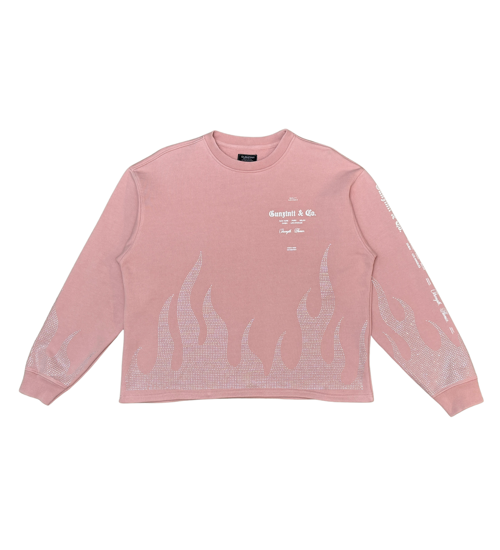 Gunzinii - Rhinestone flames Crew Sweatshirt - PINK - GZ547