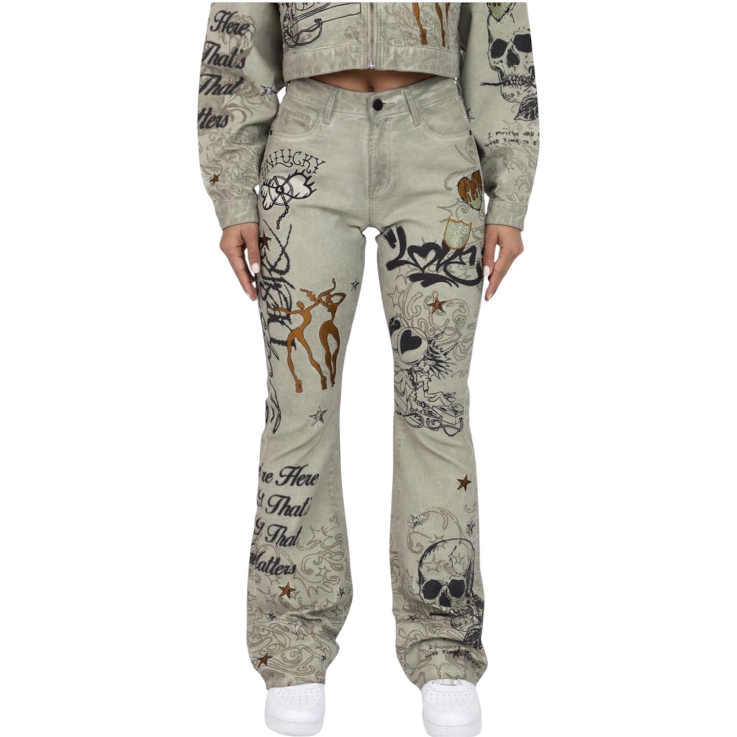The Red - Embroidered Denim Set - Tea Green F326