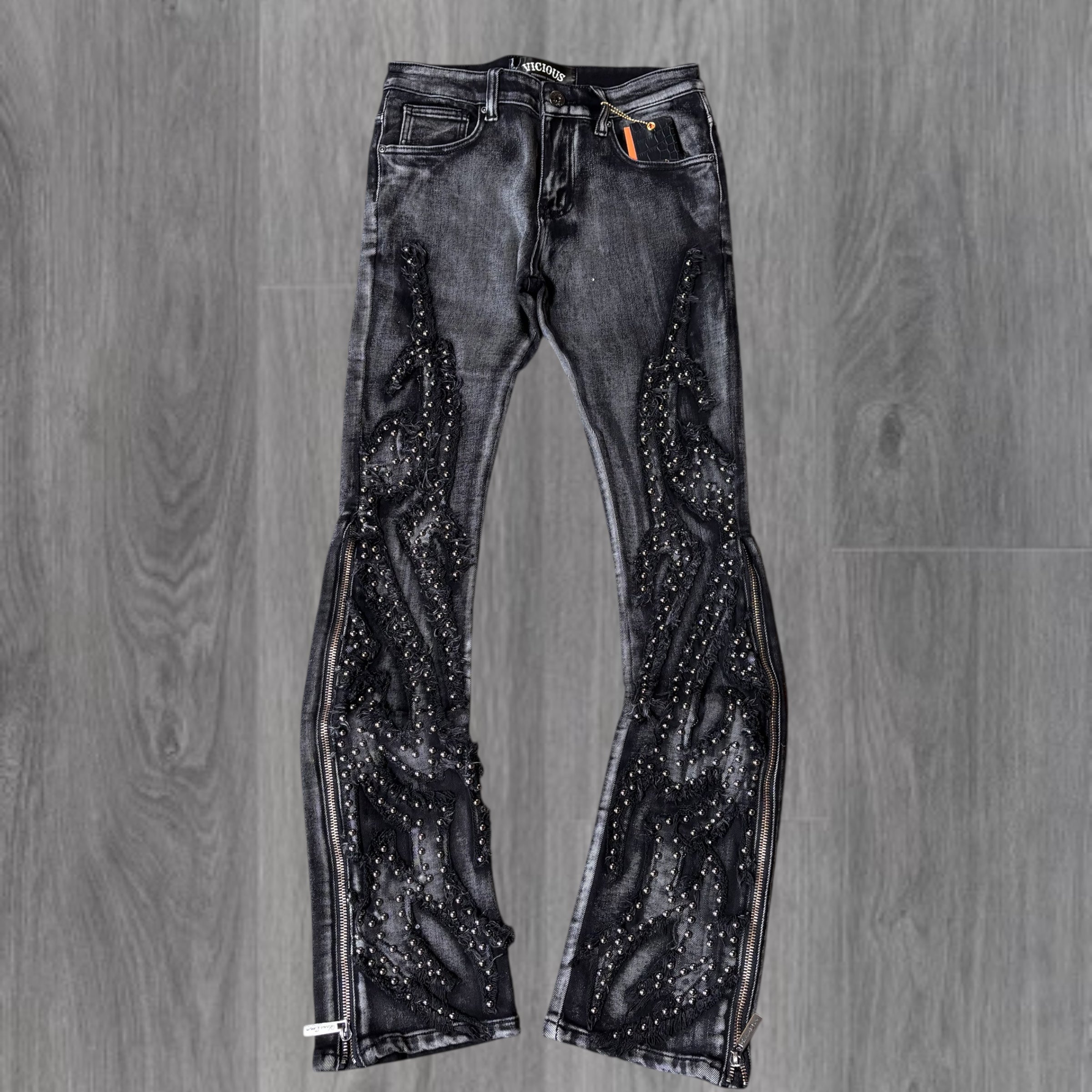 Vicious- Studded Flared Denim     - Black - VC727