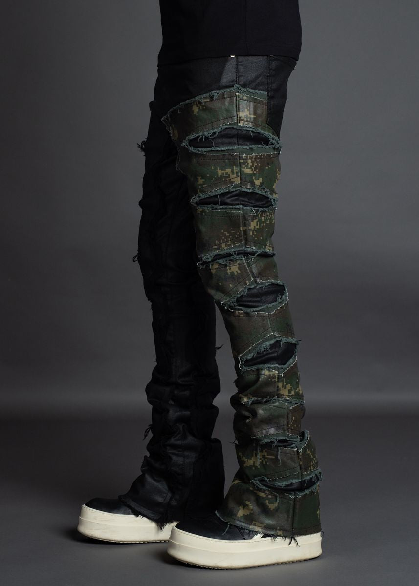 Stacked Waxed Spilt Denim Black Camo