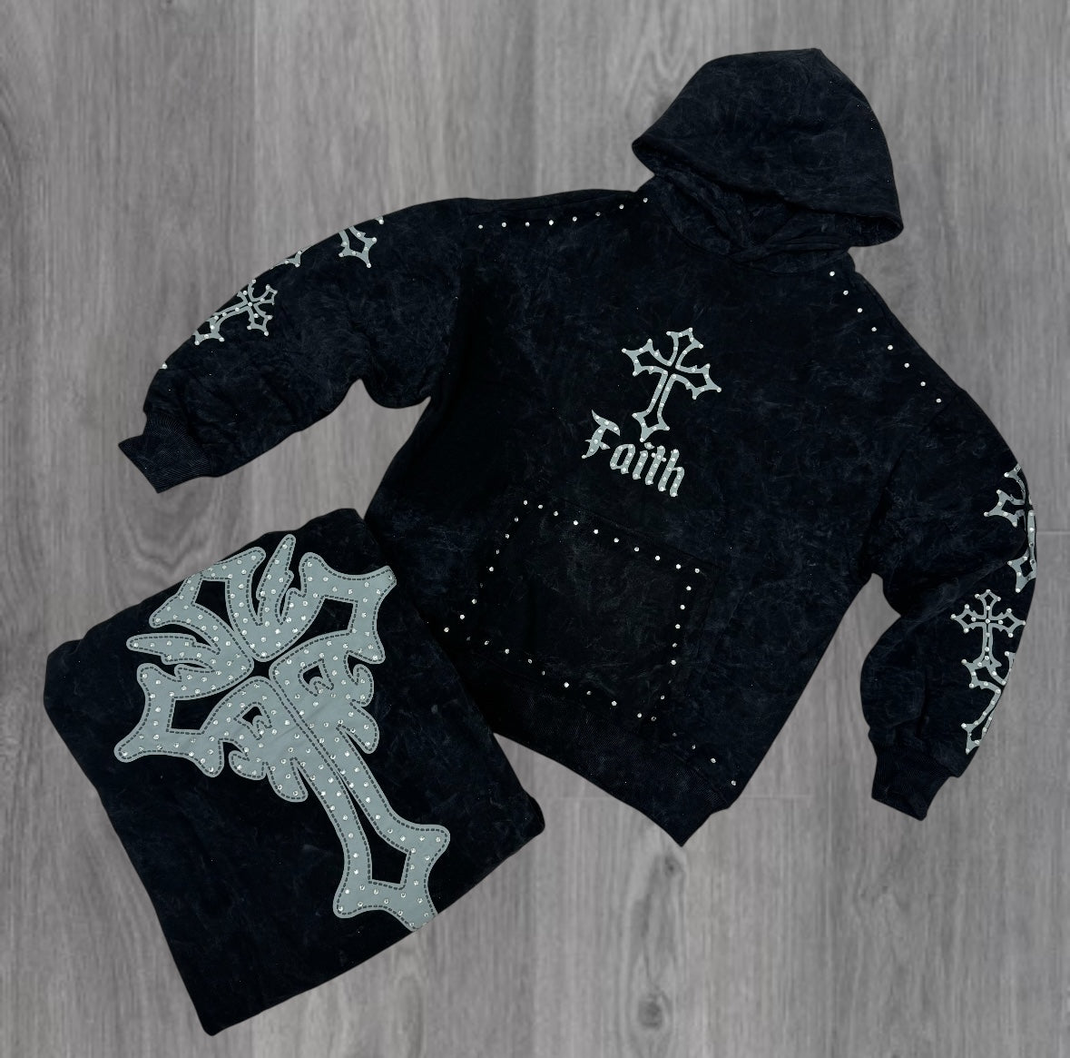 REBEL - FAITH STUDS HOODIE - Black/Charcoal - 370