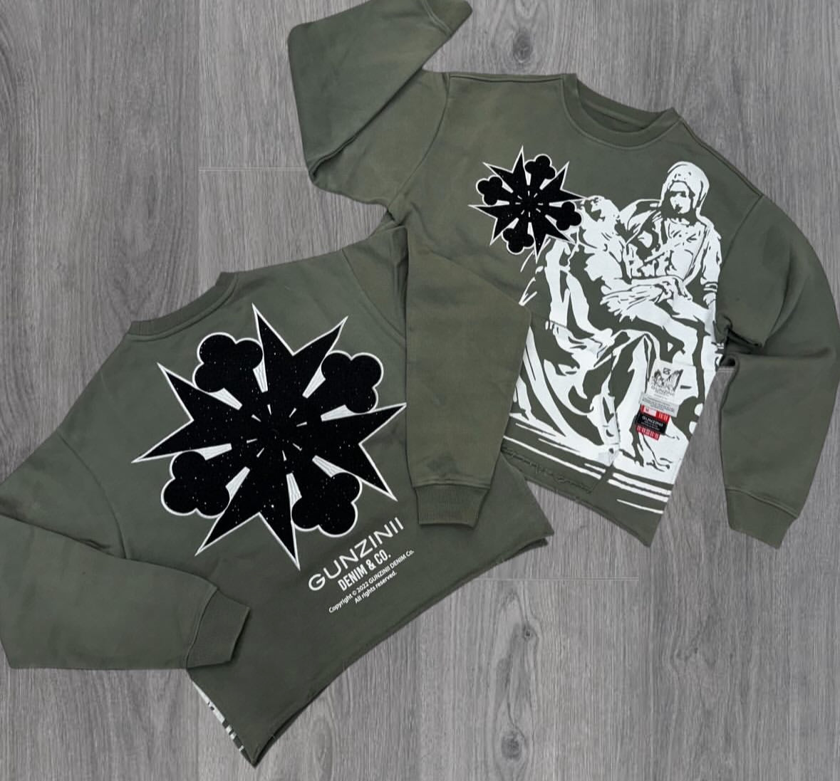 Gunzinii - Rhinestone Caring Crew Sweatshirt - Olive - GZ549