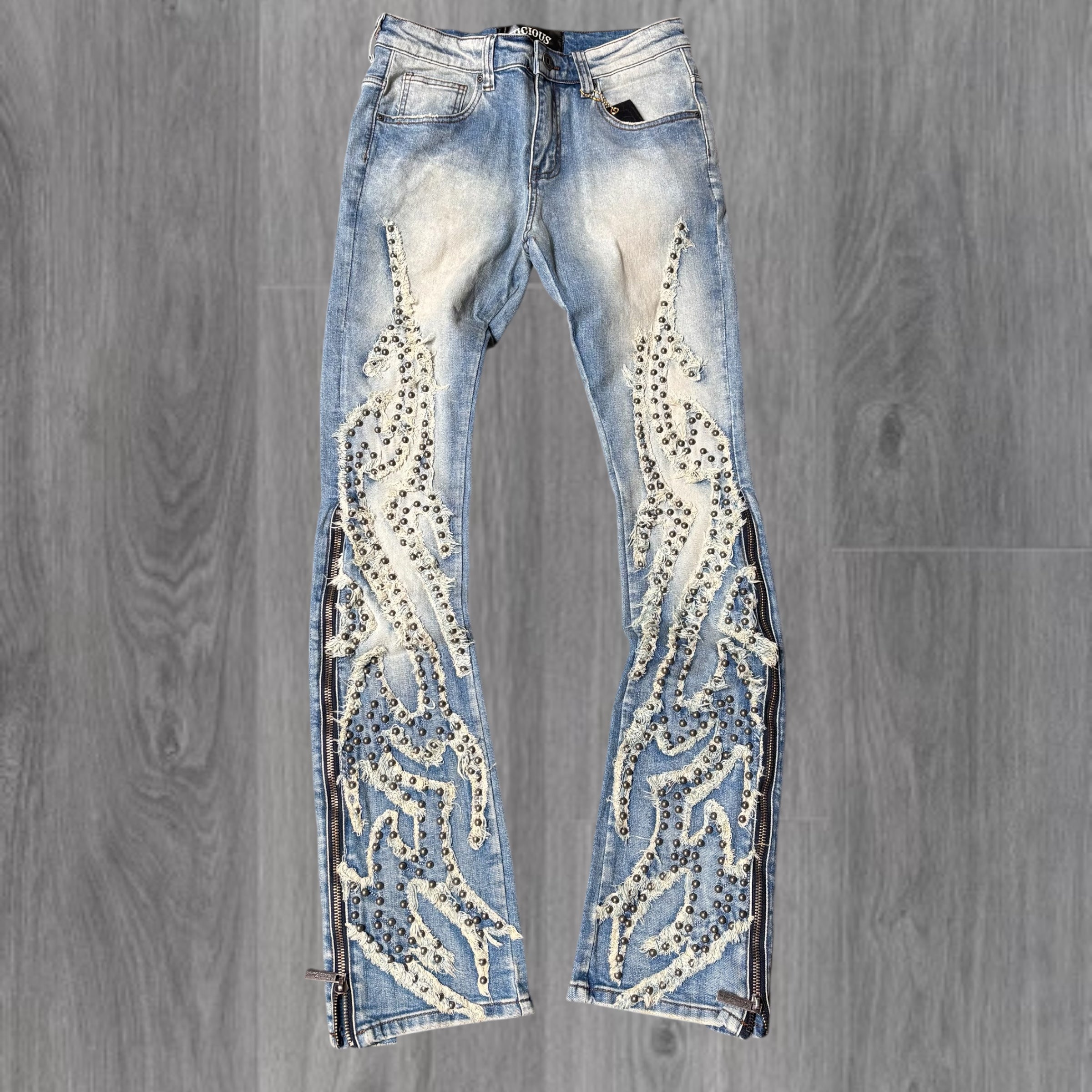 Vicious- Studded Flared Denim     - Lt.Blue - VC727