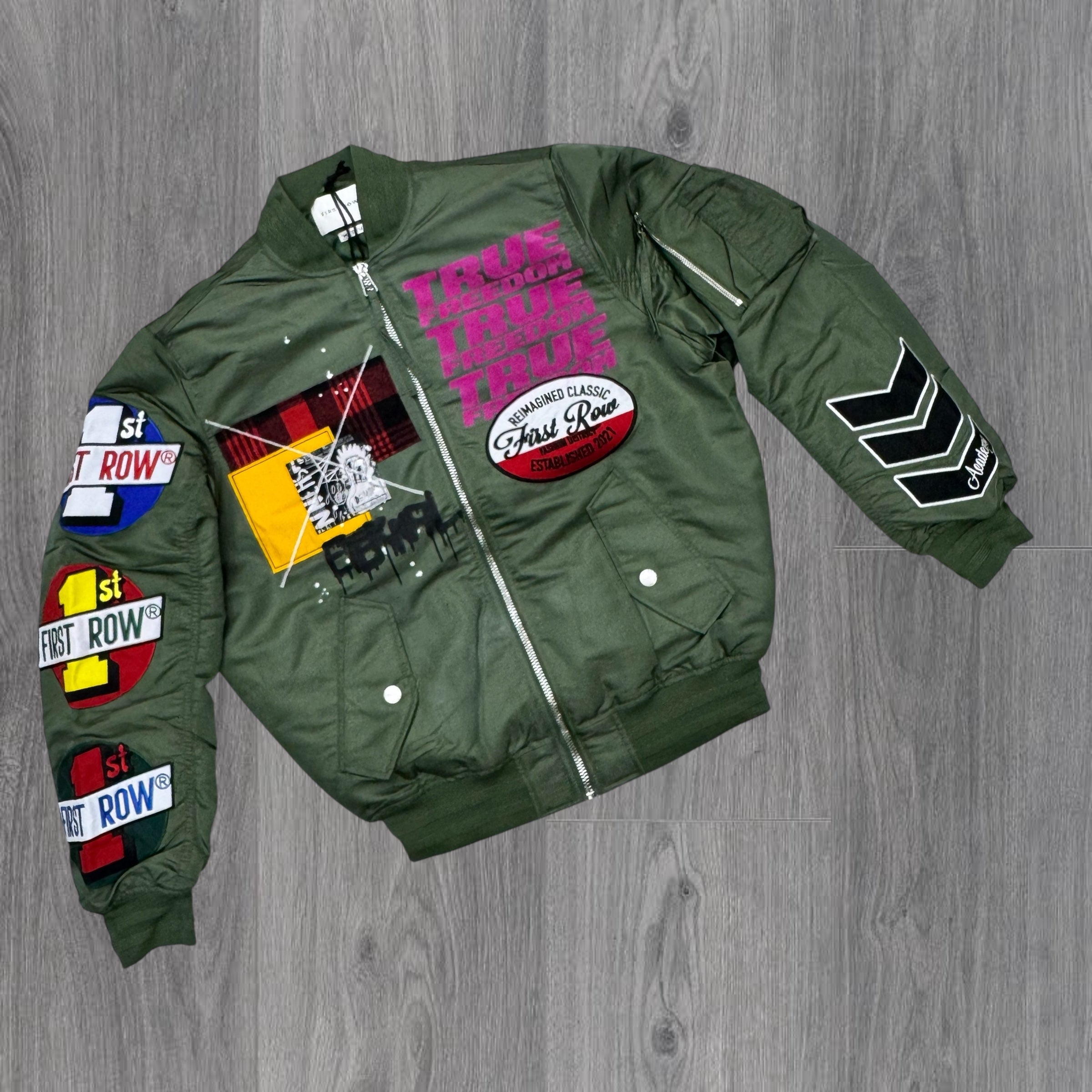 First Row- True Freedom Patched Bomber Jacket Olive