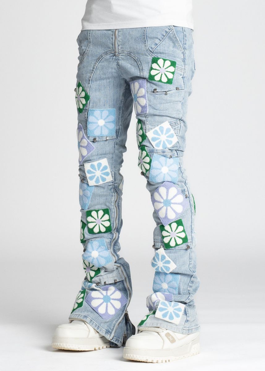 Guapi Stacked Aqua Blue Flowers Denim