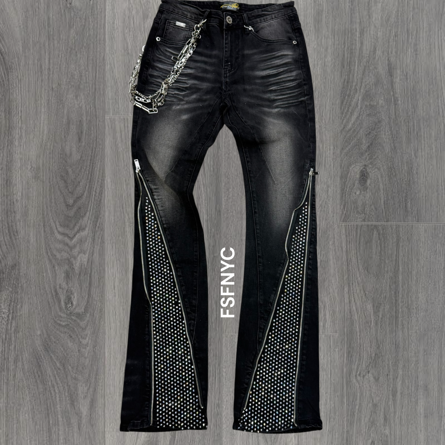 Milano - Stacked Zipper w Silver Rhinestones Denim - Black Dirty Wash - 700