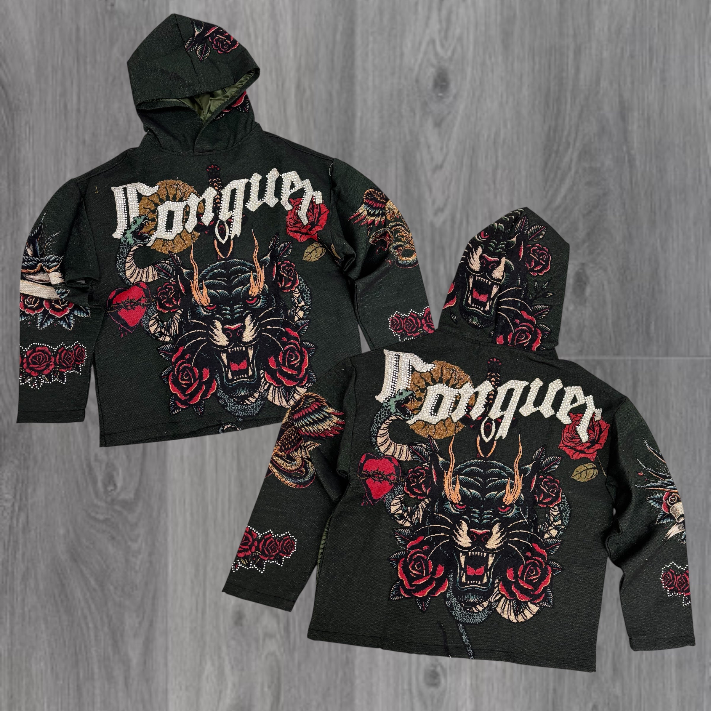 REBEL - CONQUER Jacquard Rhinestone Hoodie - Olive - 354