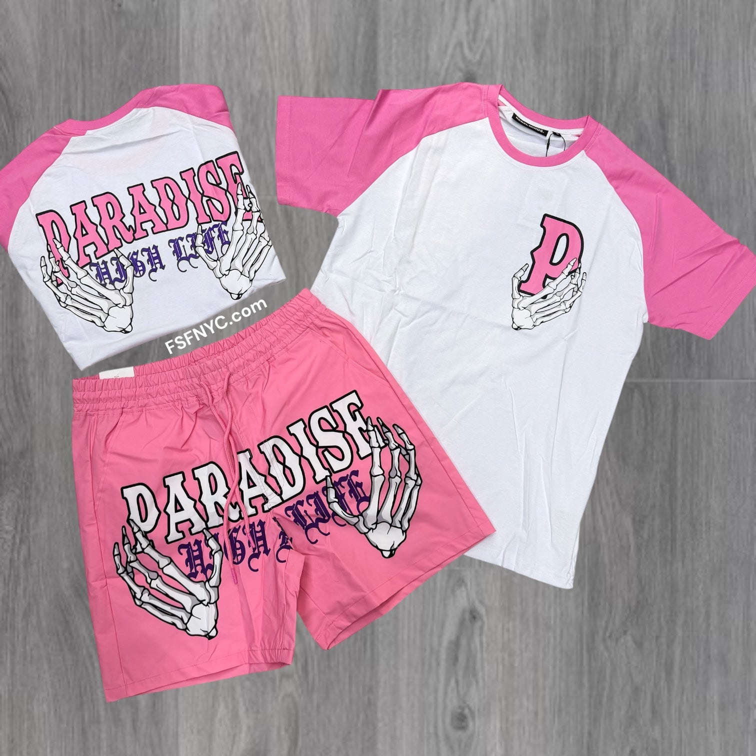 Rebel - Paradise Nylon Shorts w/ Tee - SET-  Pink - 121 921