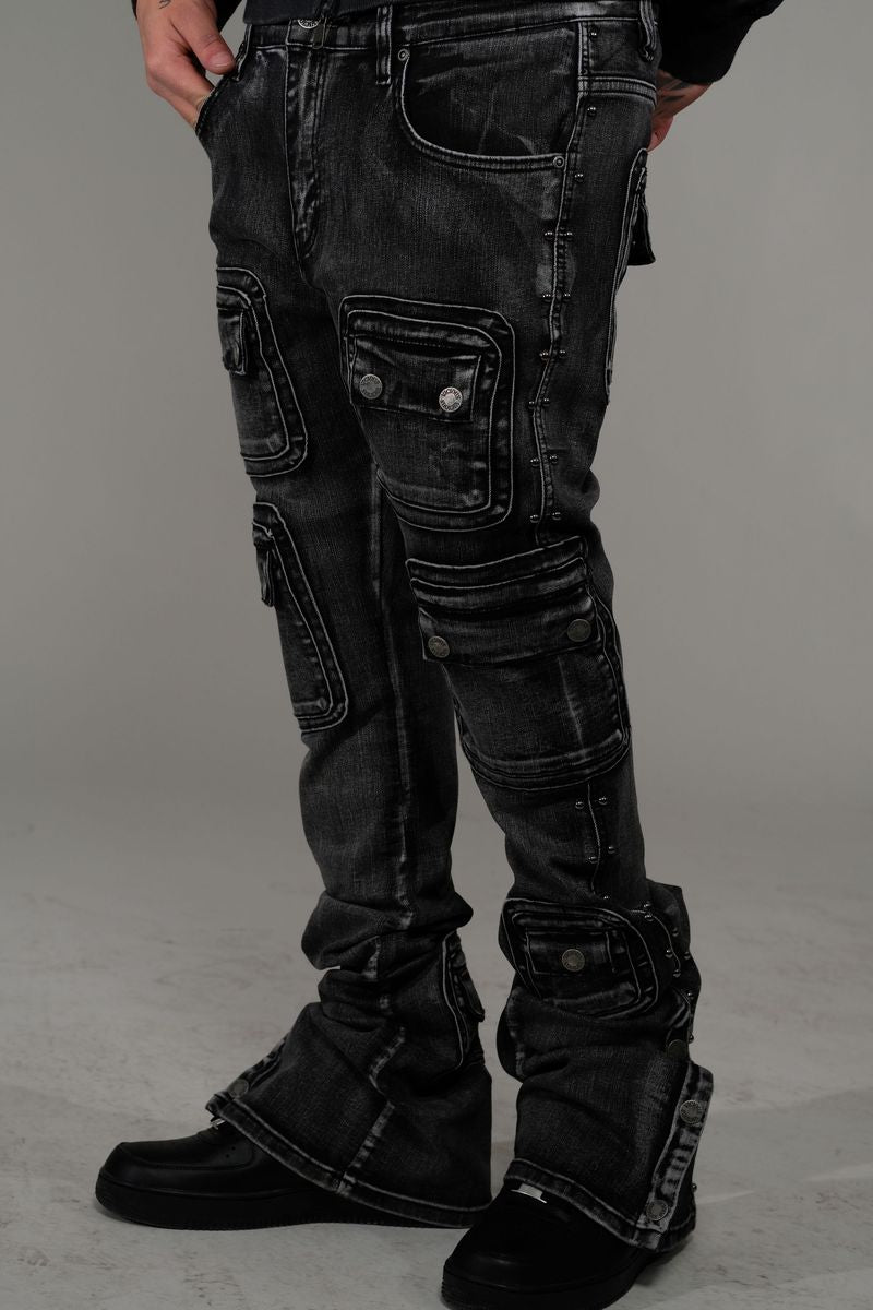 Vicious Stacked Studded Warrior Cargo Denim Black VC671