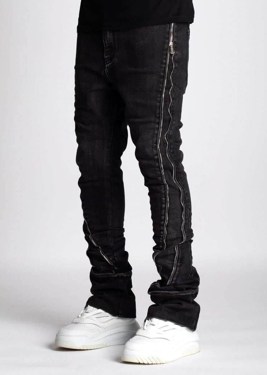 Guapi Stacked Iron Grey zipper Black Denim  191IG