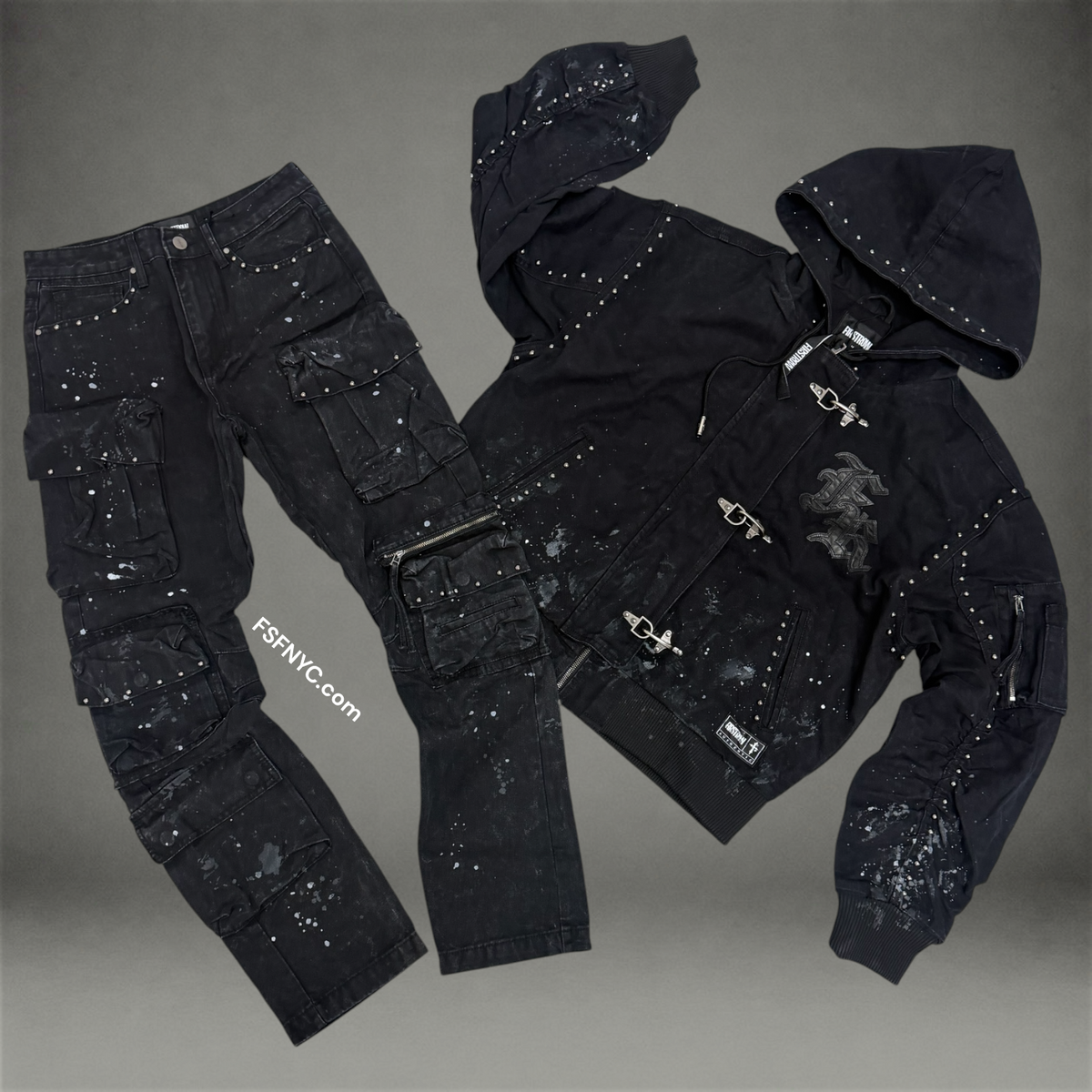 FR - Splatter Denim Bomber Jacket - Black - 2141B