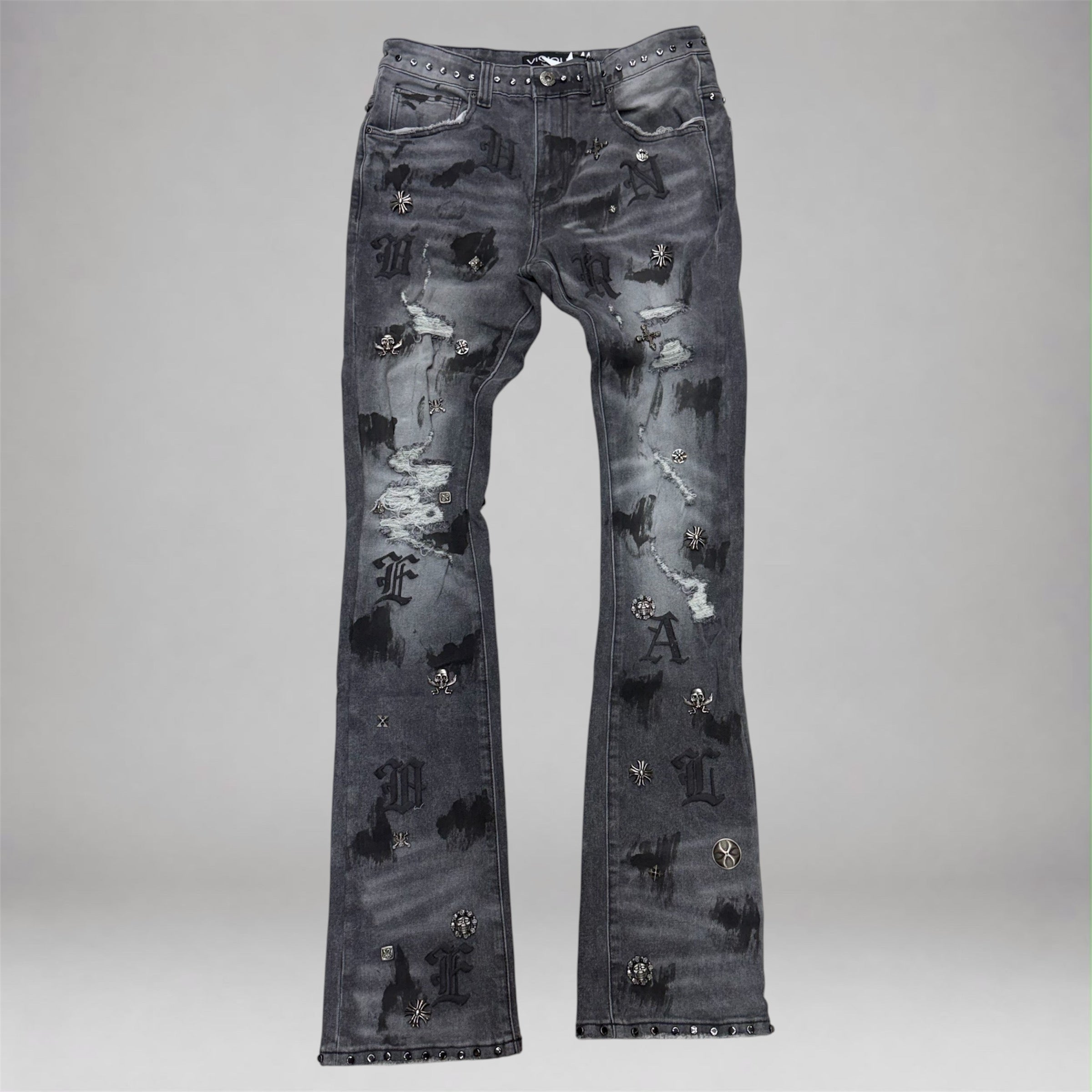 Vicious - Scattered Letters Flare Denim  -  Grey VC1093
