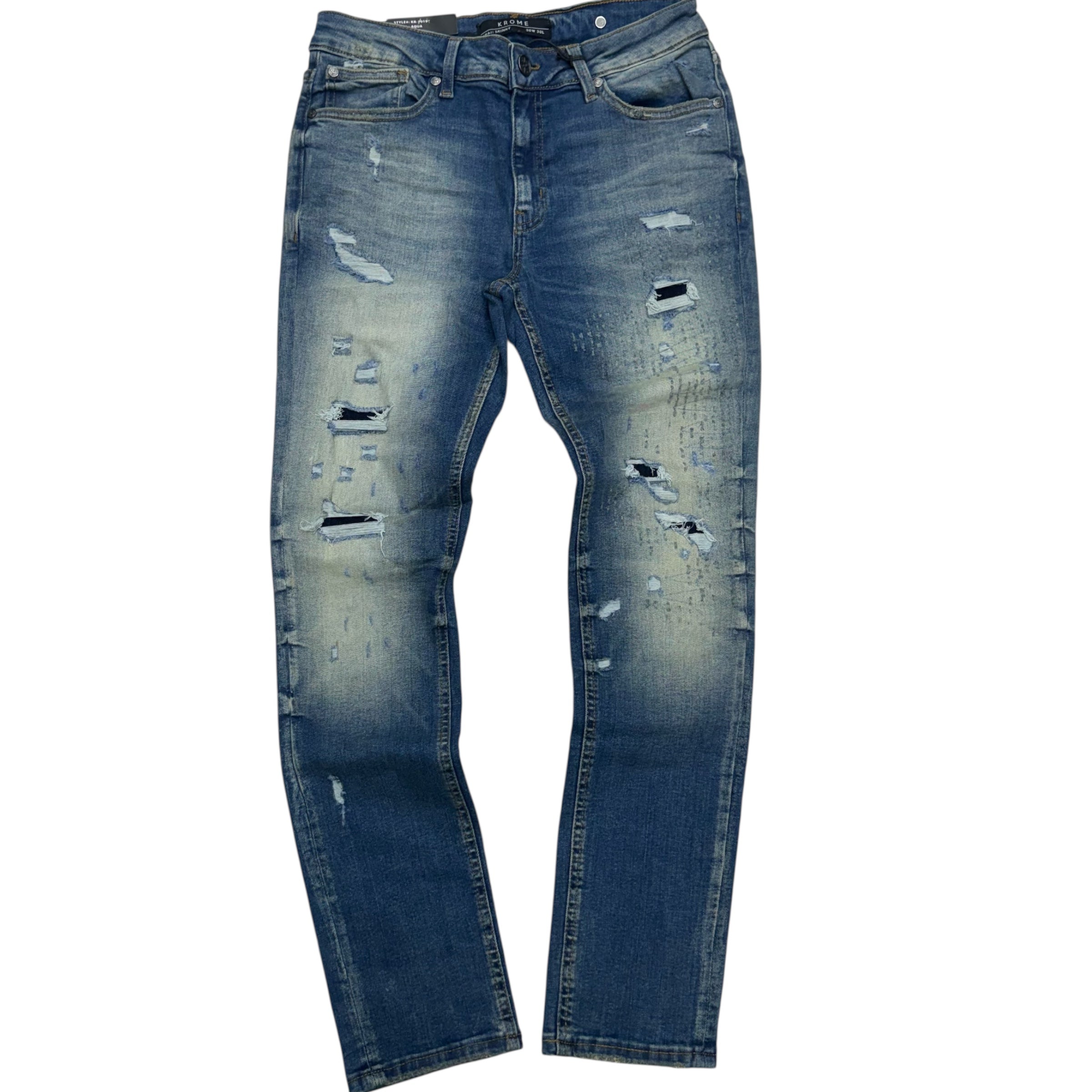 KROME - All Distress Skinny Denim - Aqua - 3019