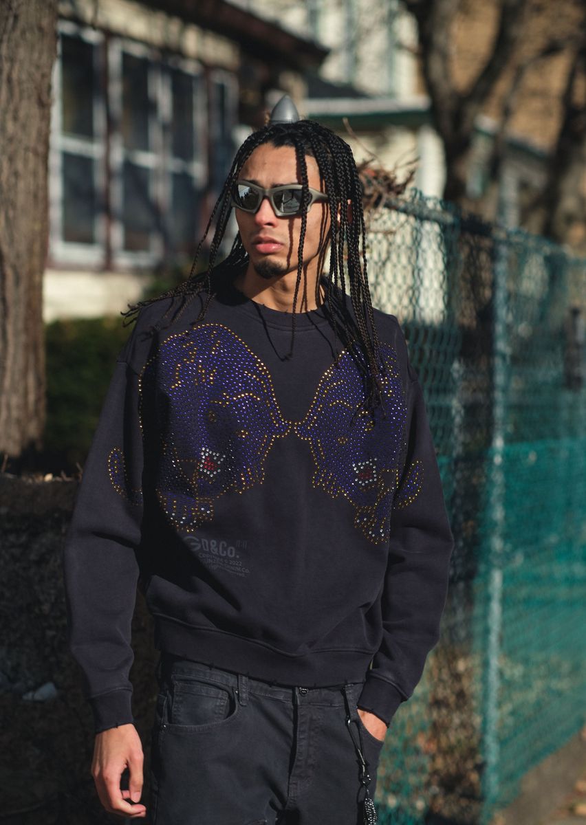 Gunzinii - Rhinestone Crew Sweatshirt - Black - GZ523