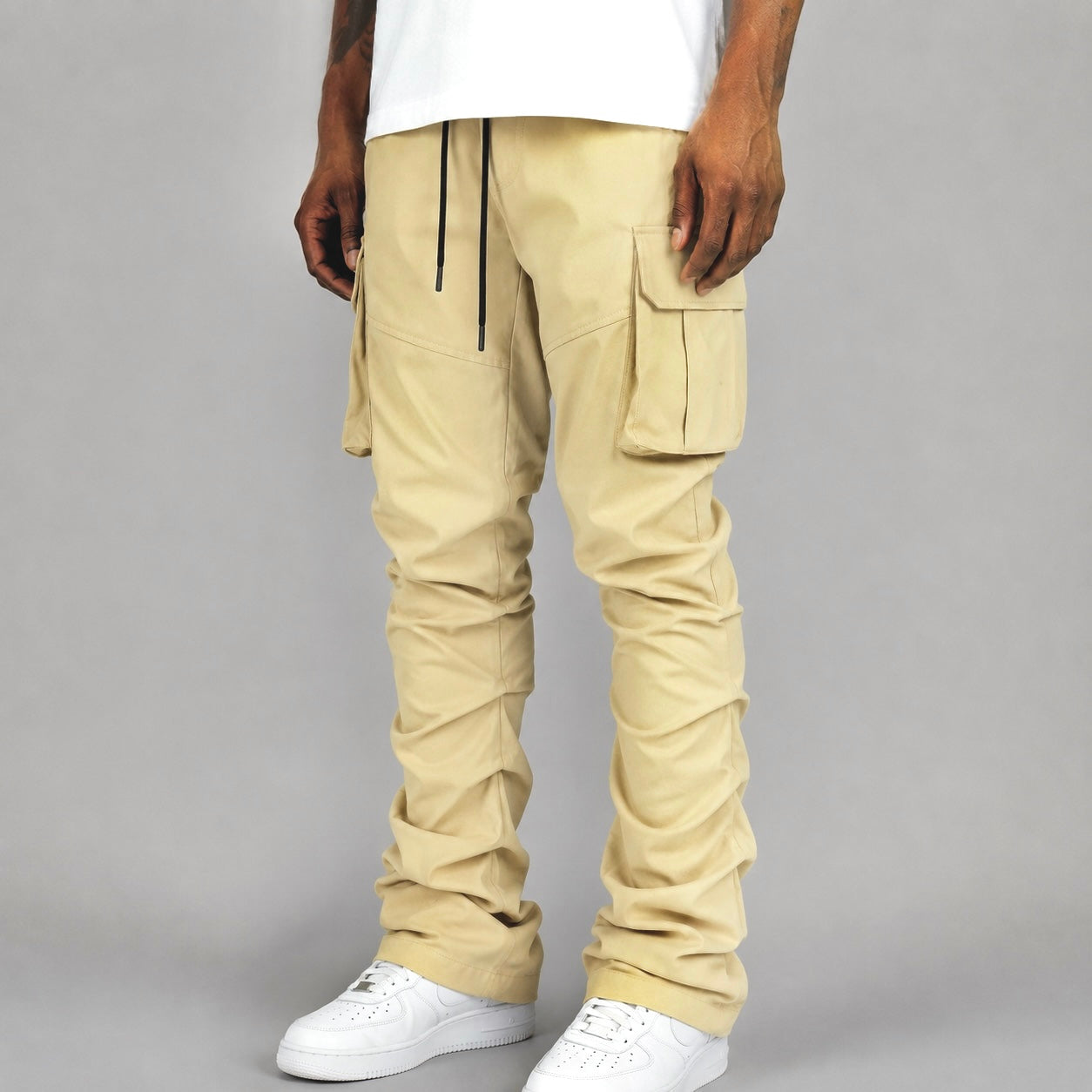 R - Stacked Flare Nylon Cargo -  Khaki- 422